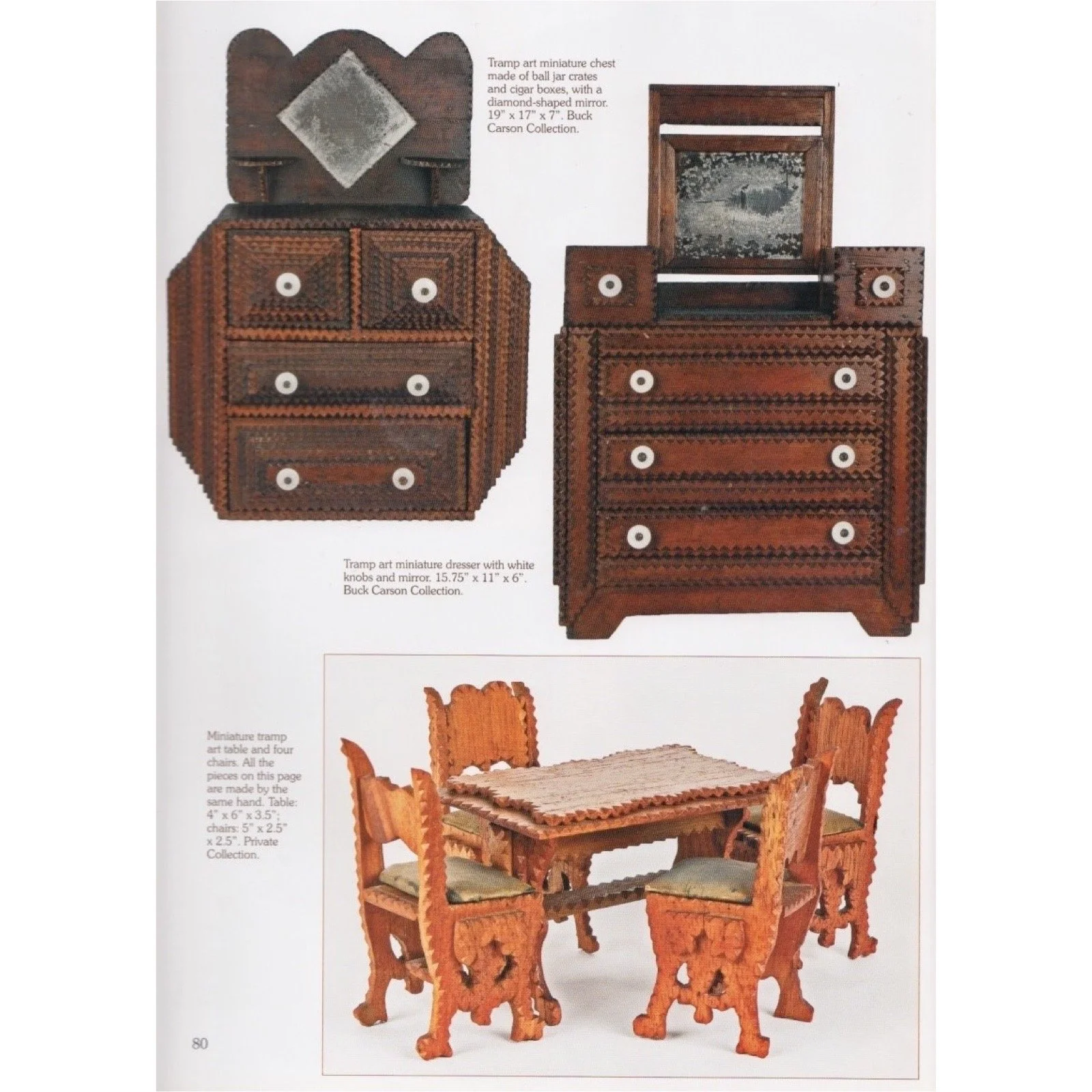The Tramp Art dresser photographed next to its documentation in A Legacy in Tramp Art by Clifford A. Wallach.