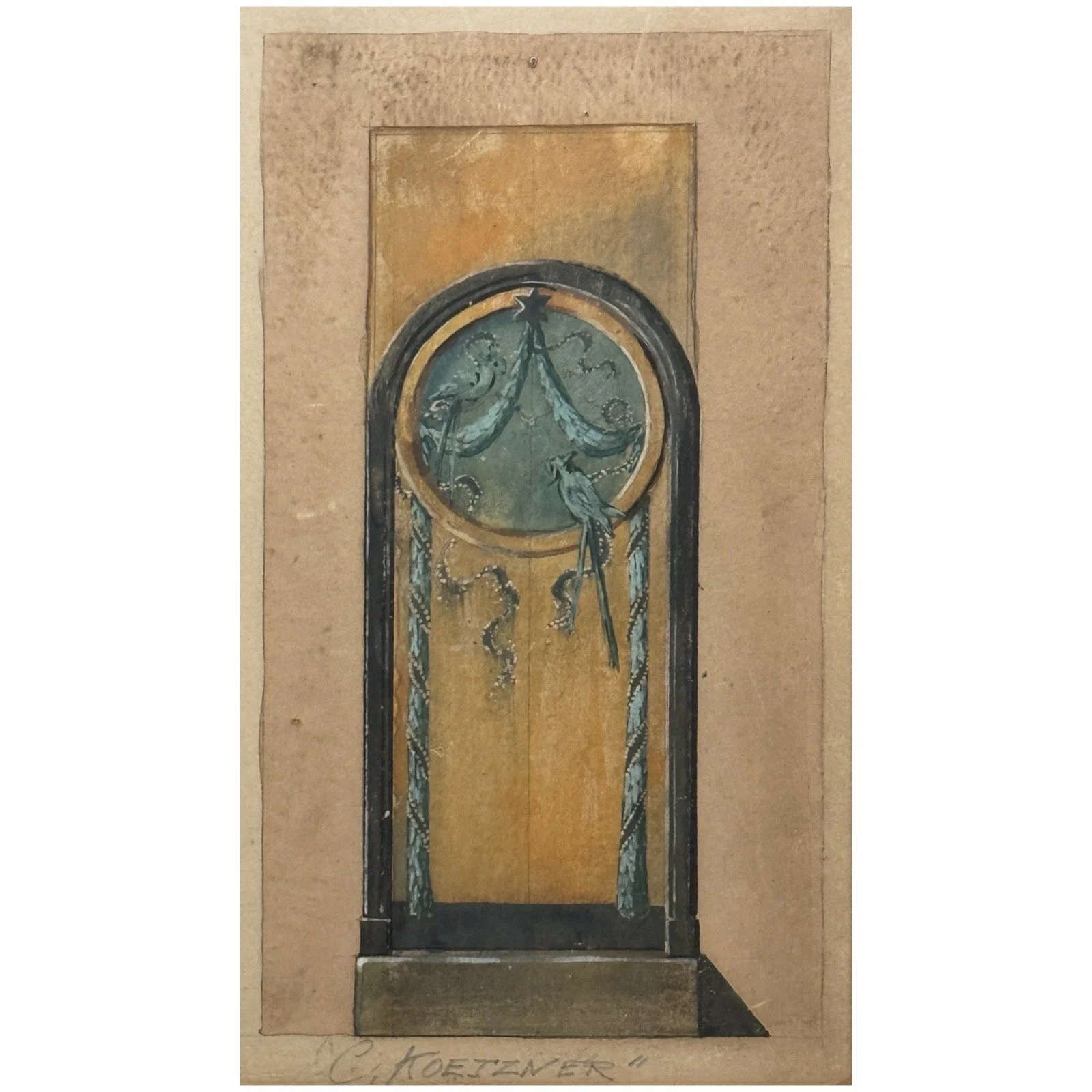 Teal doorway design with bird and garland motifs in antique architectural rendering
