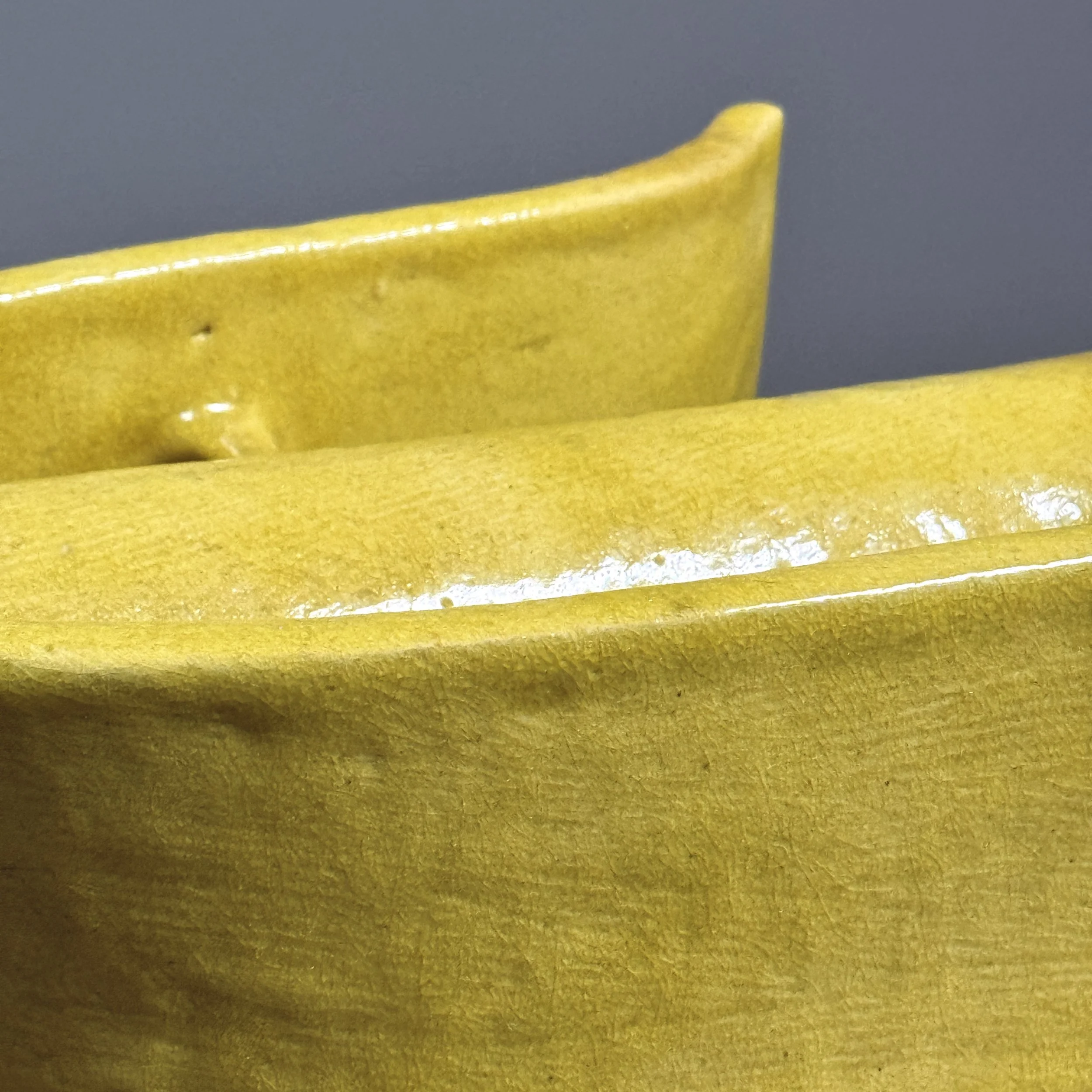 Yellow glazed ikebana vase with two wings and central cylinder, Japanese Postmodernist