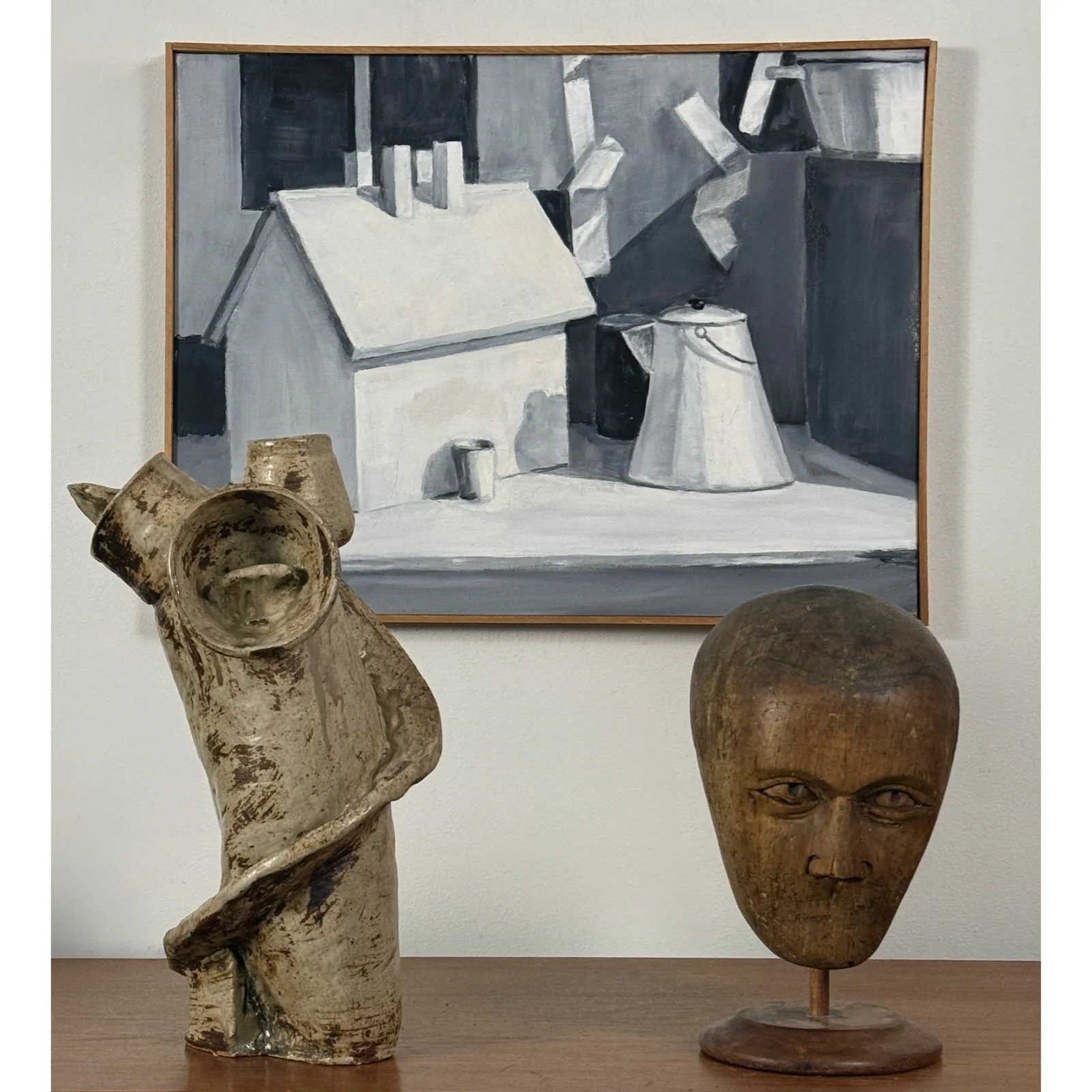 Vignette with Vintage monochromatic realist still life with house sculpture and kettle, signed
