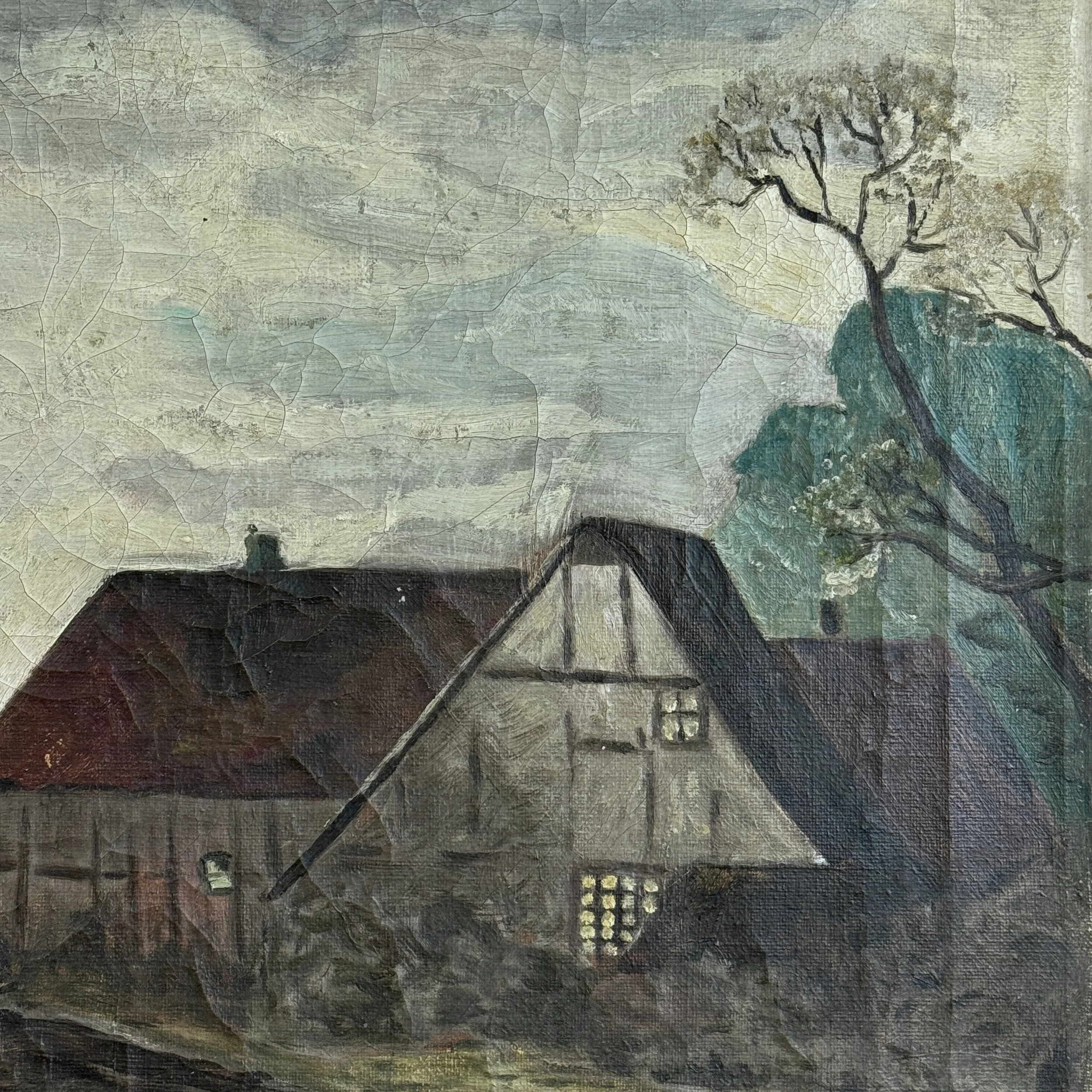 Close-up of cottage in background of antique Danish Folk Art seascape, oil on canvas