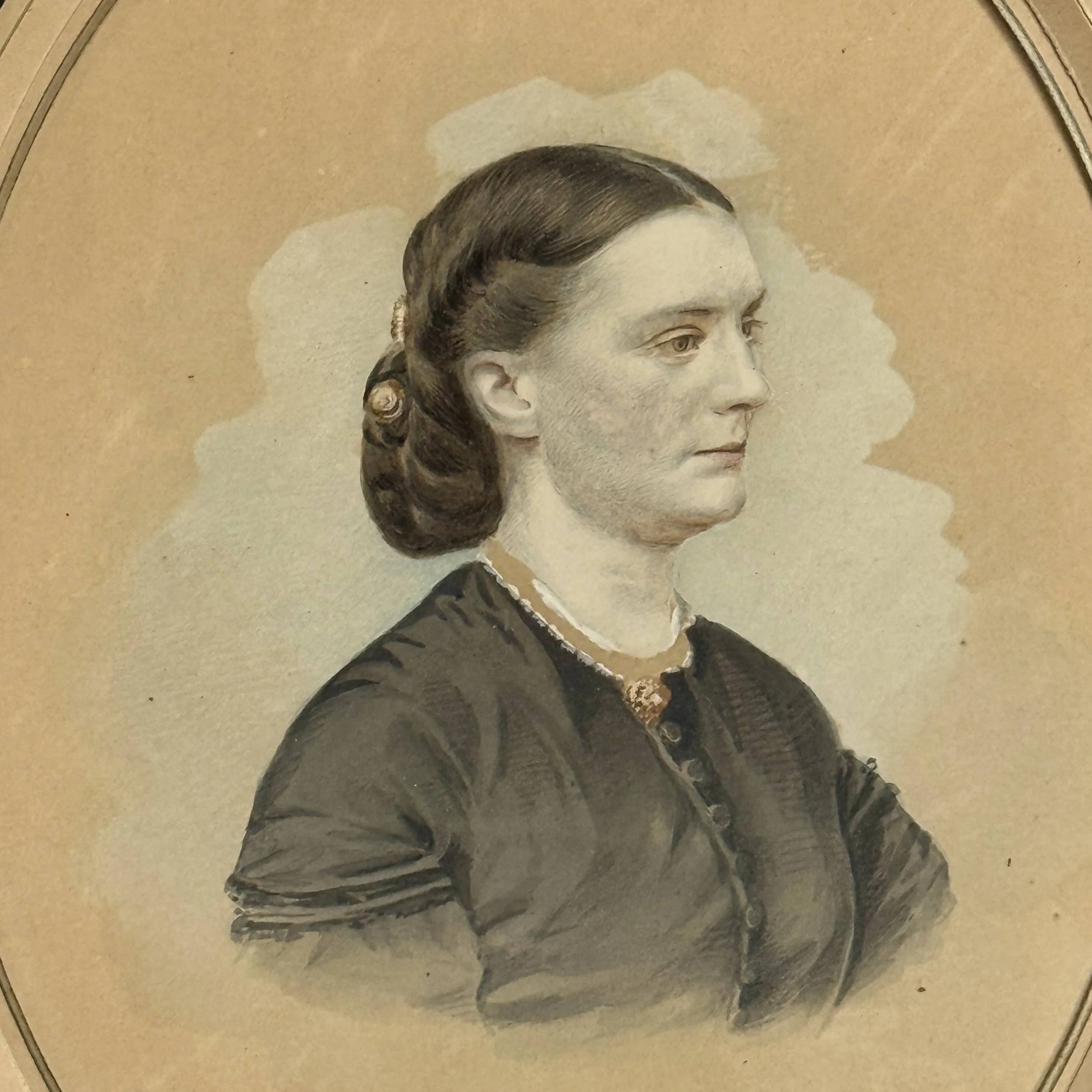 Close-up detail of Clara Barton's face in the gouache painting.