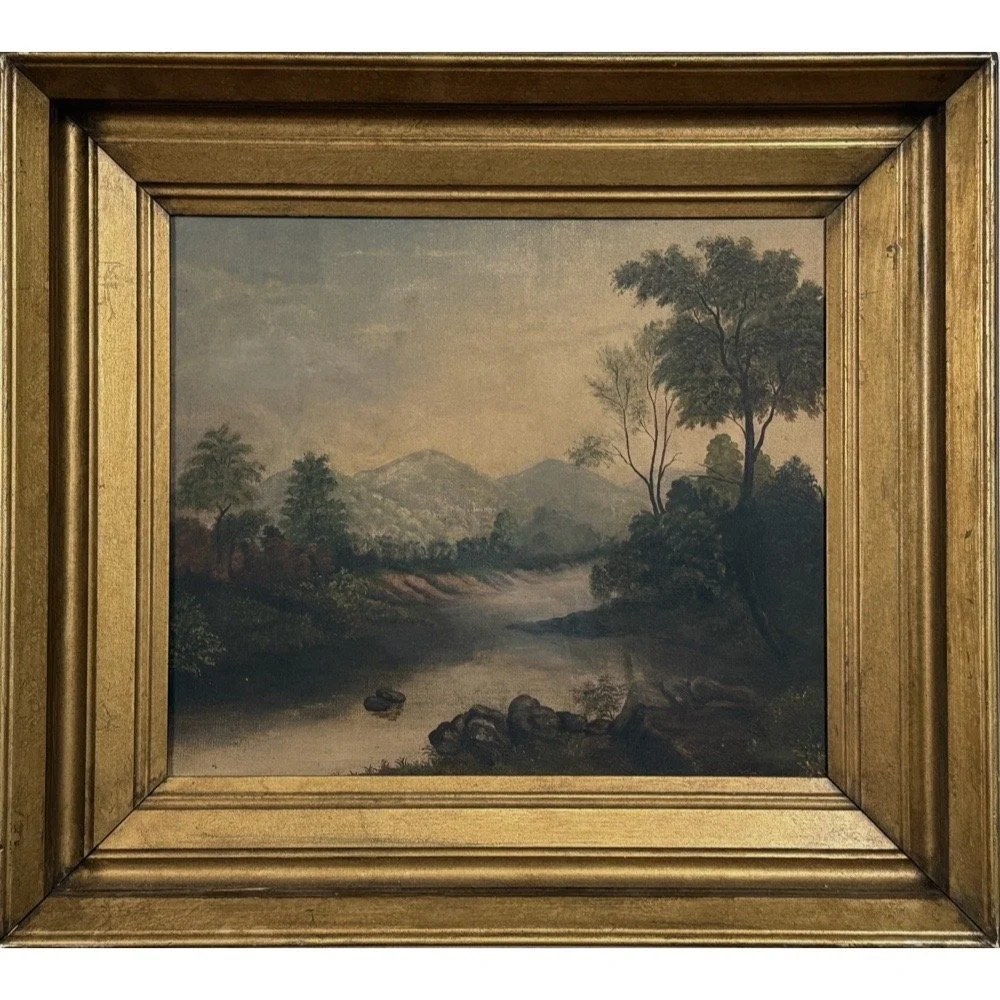 Landscape, Esopus Creek, Ulster County, New York (1880), oil on canvas, detail of the reflective water and golden atmospheric light.