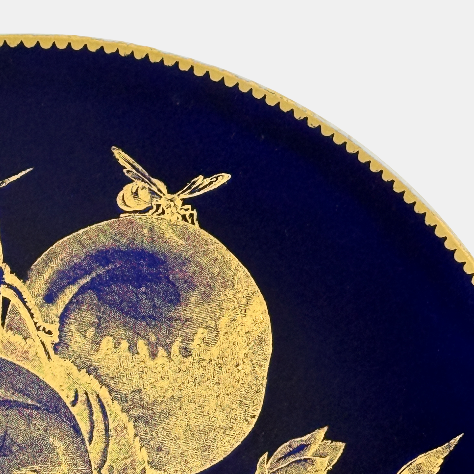 Pair of Brownfield English porcelain Aesthetic period plates, cobalt and gold, chestnut and peach motifs