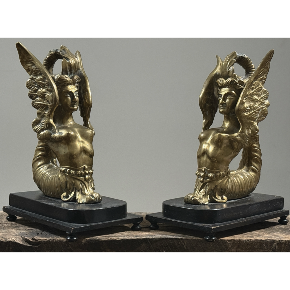 Pair of antique 19th century brass Melusine sculptures, French Neoclassical