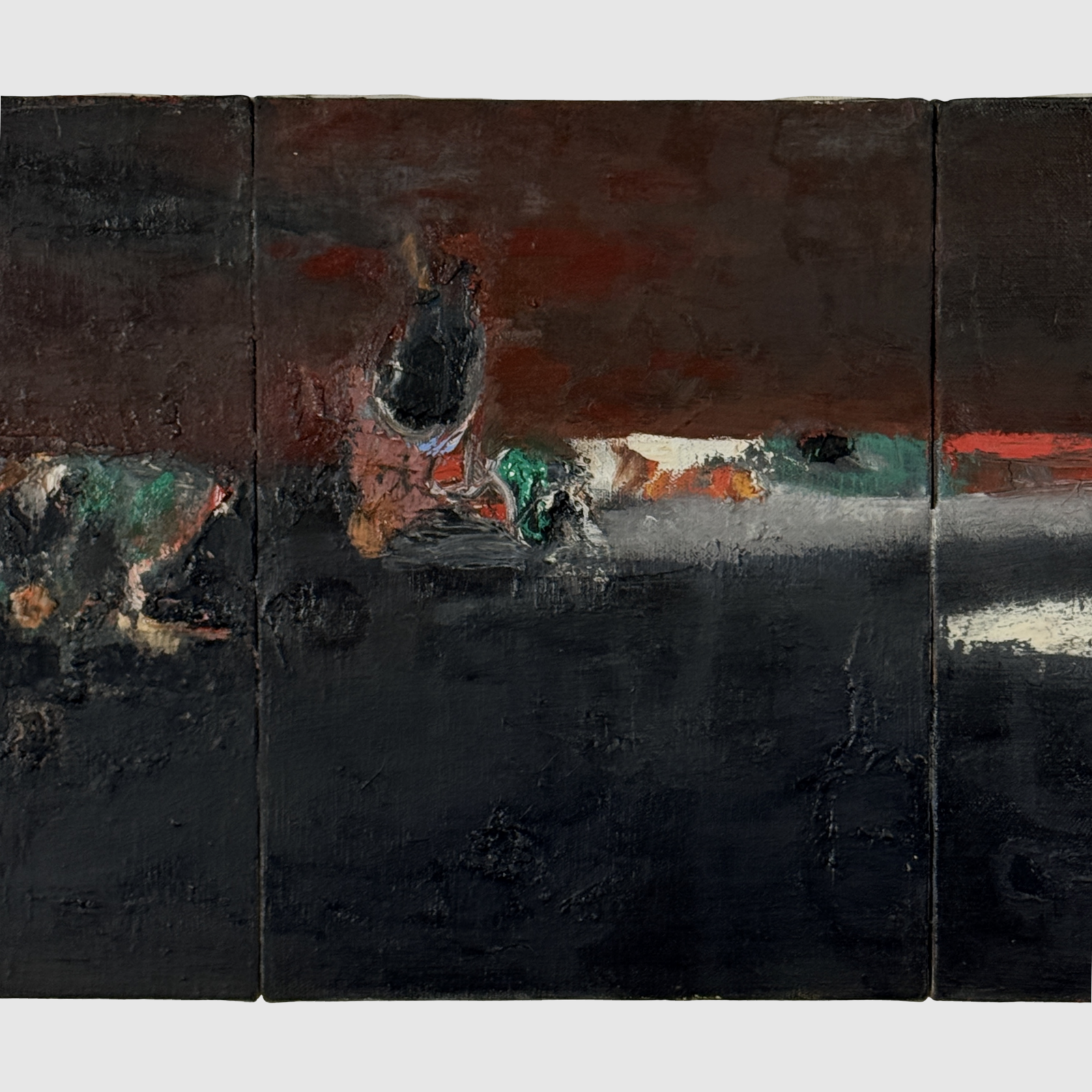 Norman Rubington abstract triptych in black, 1970, oil on canvas, signed