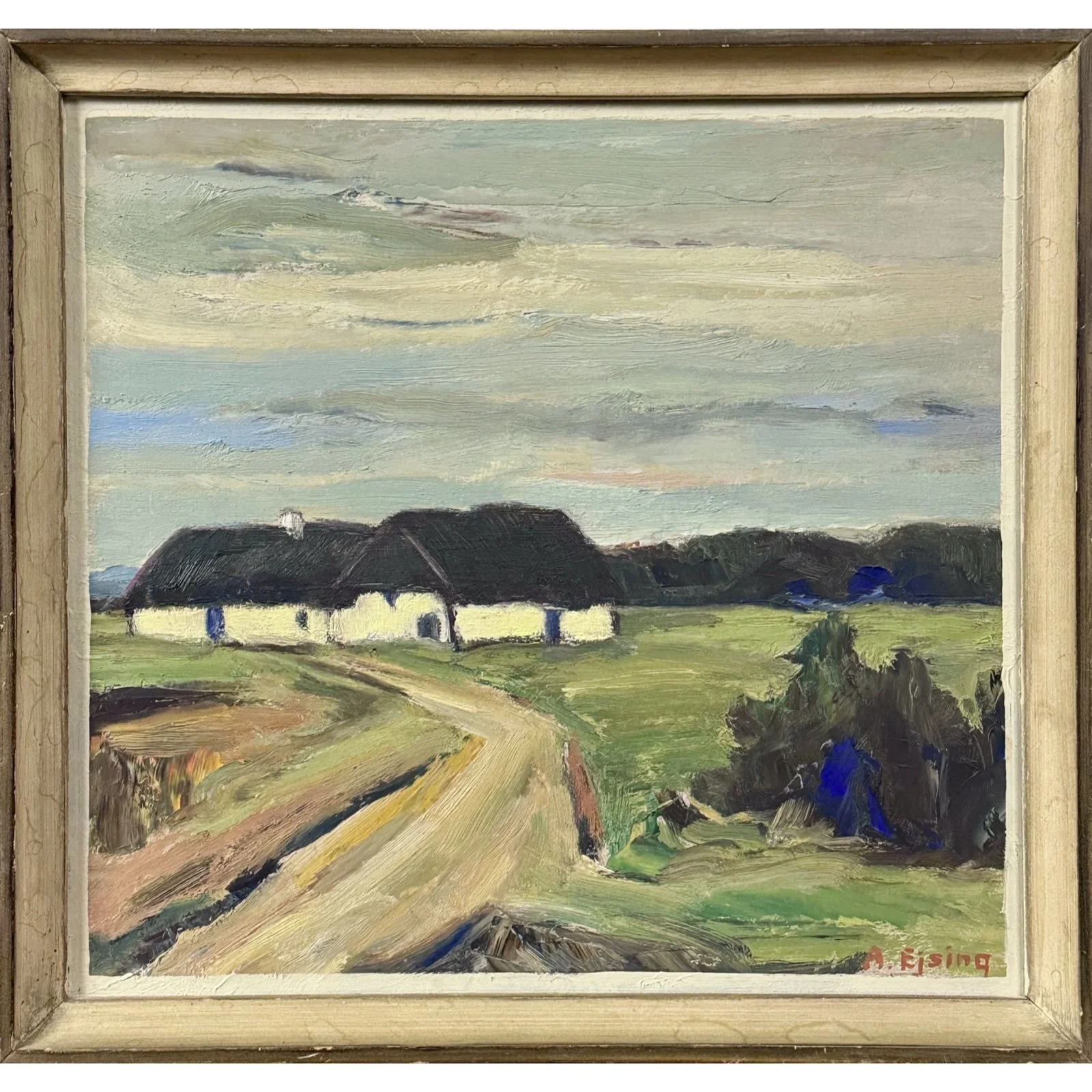 Danish modernist landscape with thatched cottages, signed oil on board