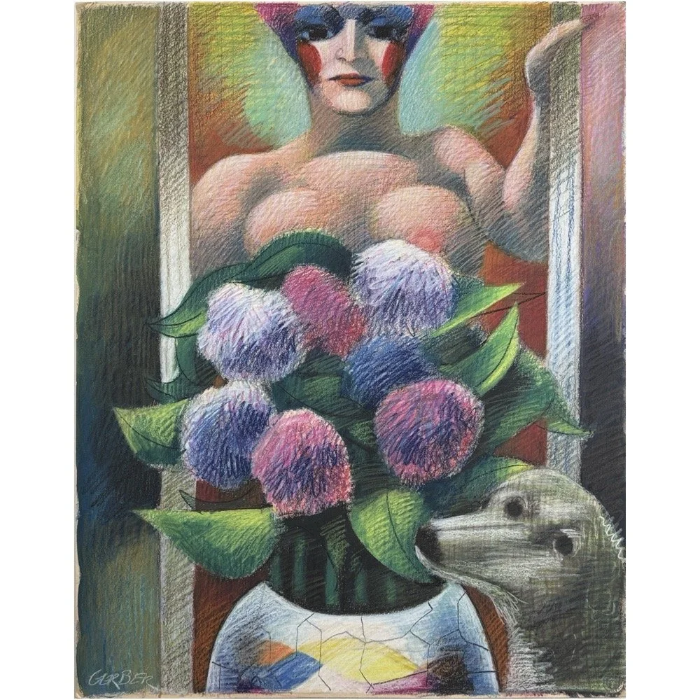 Expressionist pastel by Jack Gerber with woman, flowers, and dog
