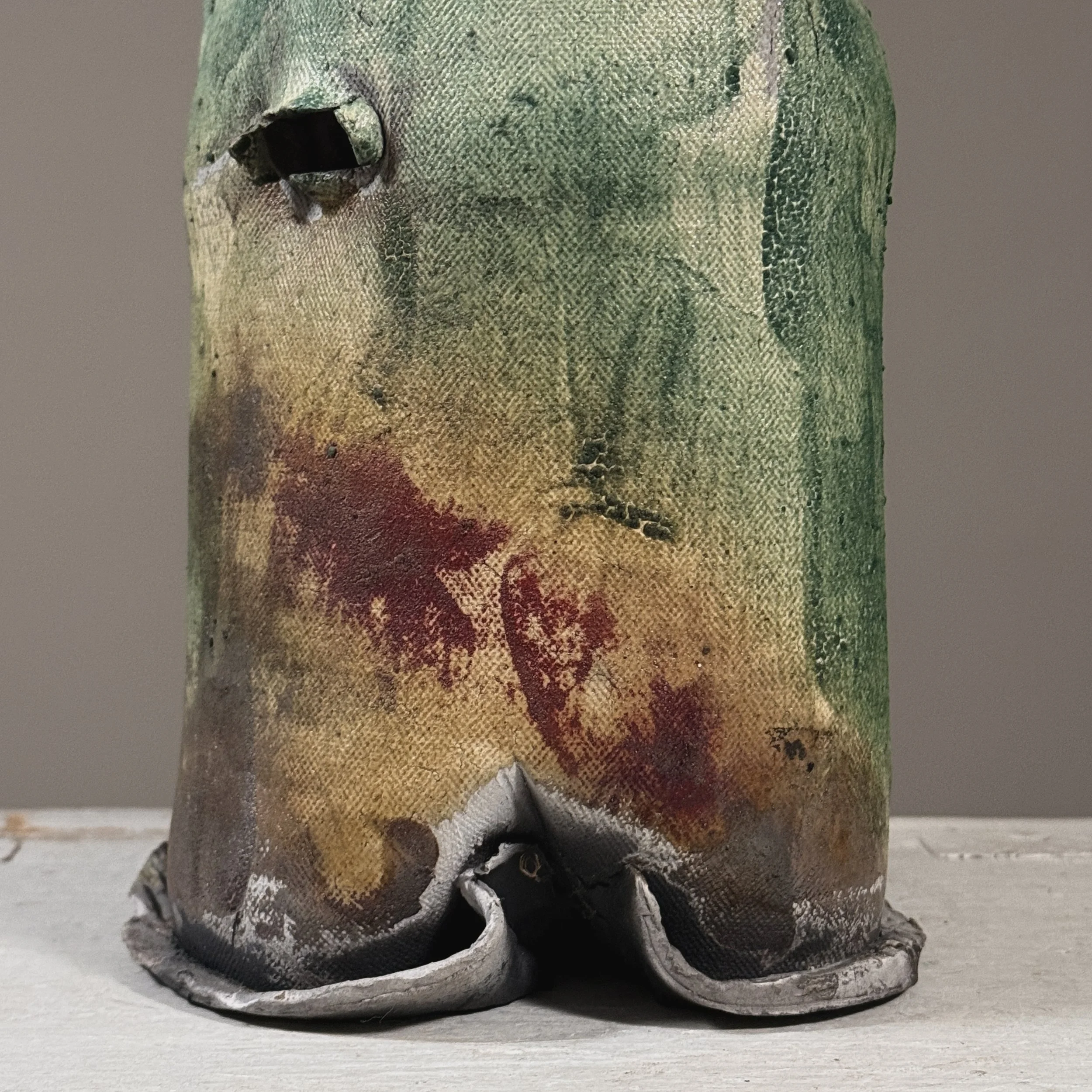 Vintage postmodernist slab-built stoneware vessel, iridescent oxblood and green glaze