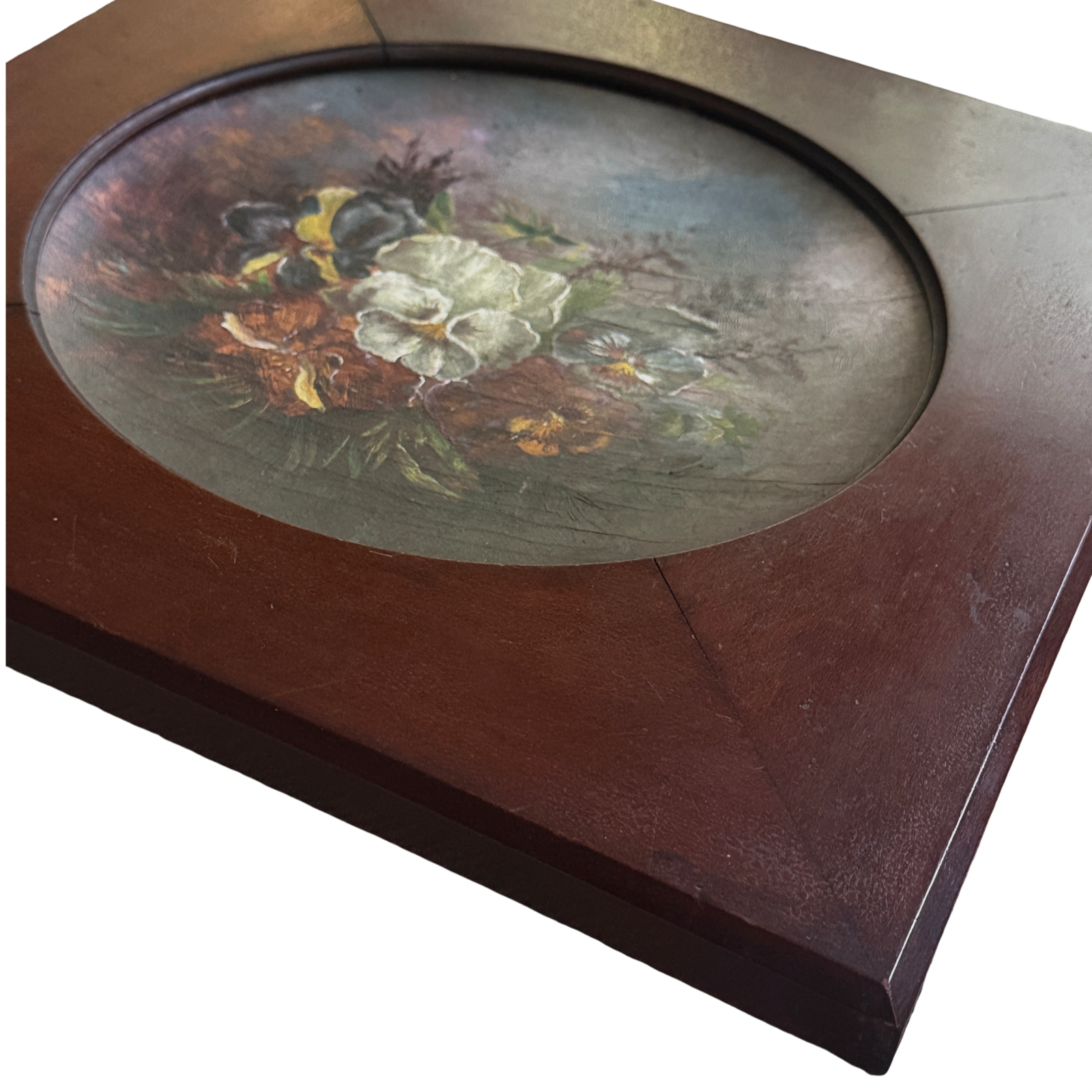 Antique 19th century French floral still life. Pansies. Oil on concave board. 13 by 13 inches.