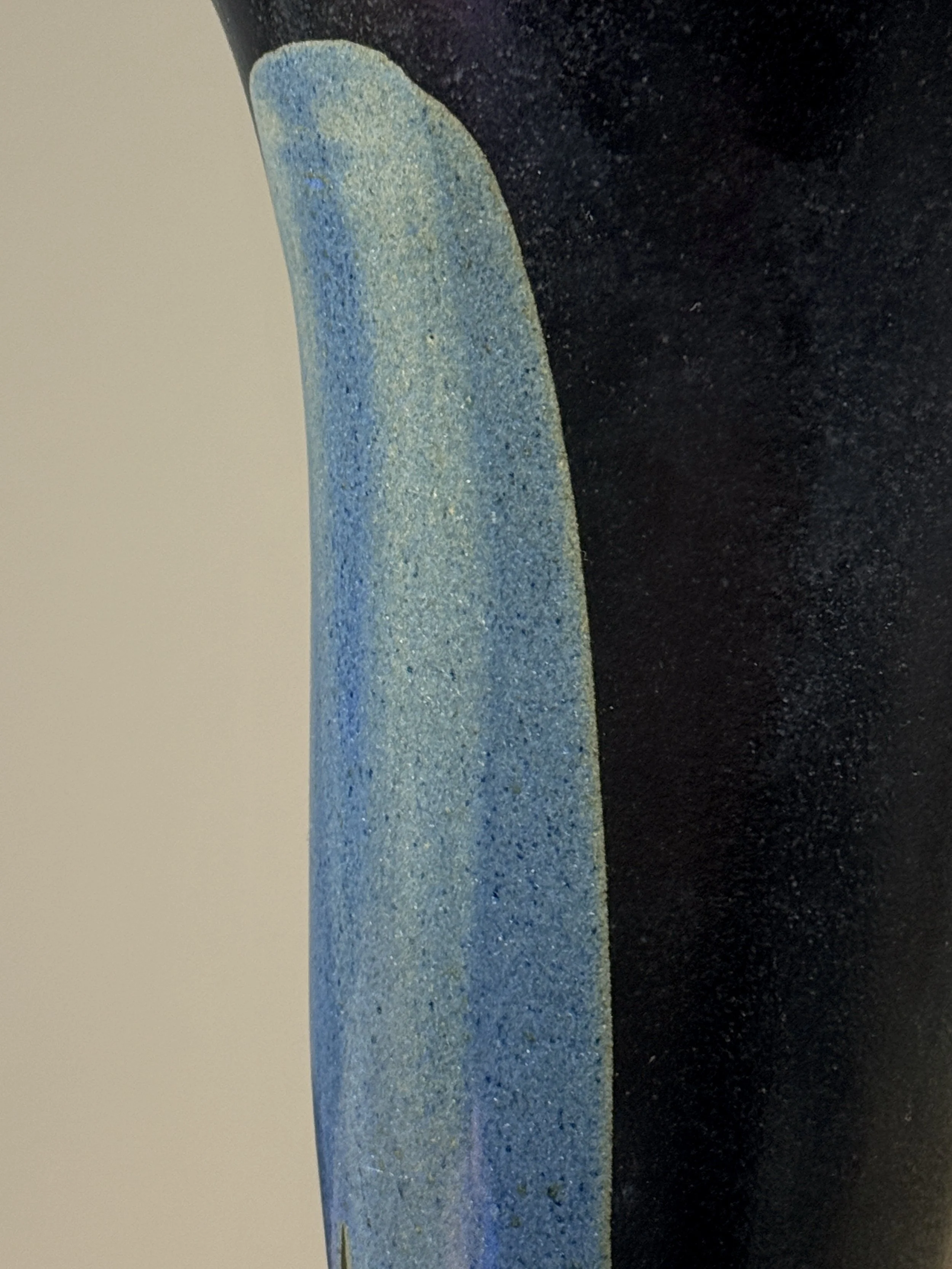 Vintage Japanese Modernist speckled blue drip glaze trumpet vase, signed