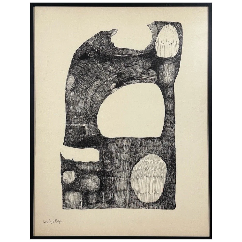 A vintage abstract pen drawing by Louis-René Berge in a black metal frame.