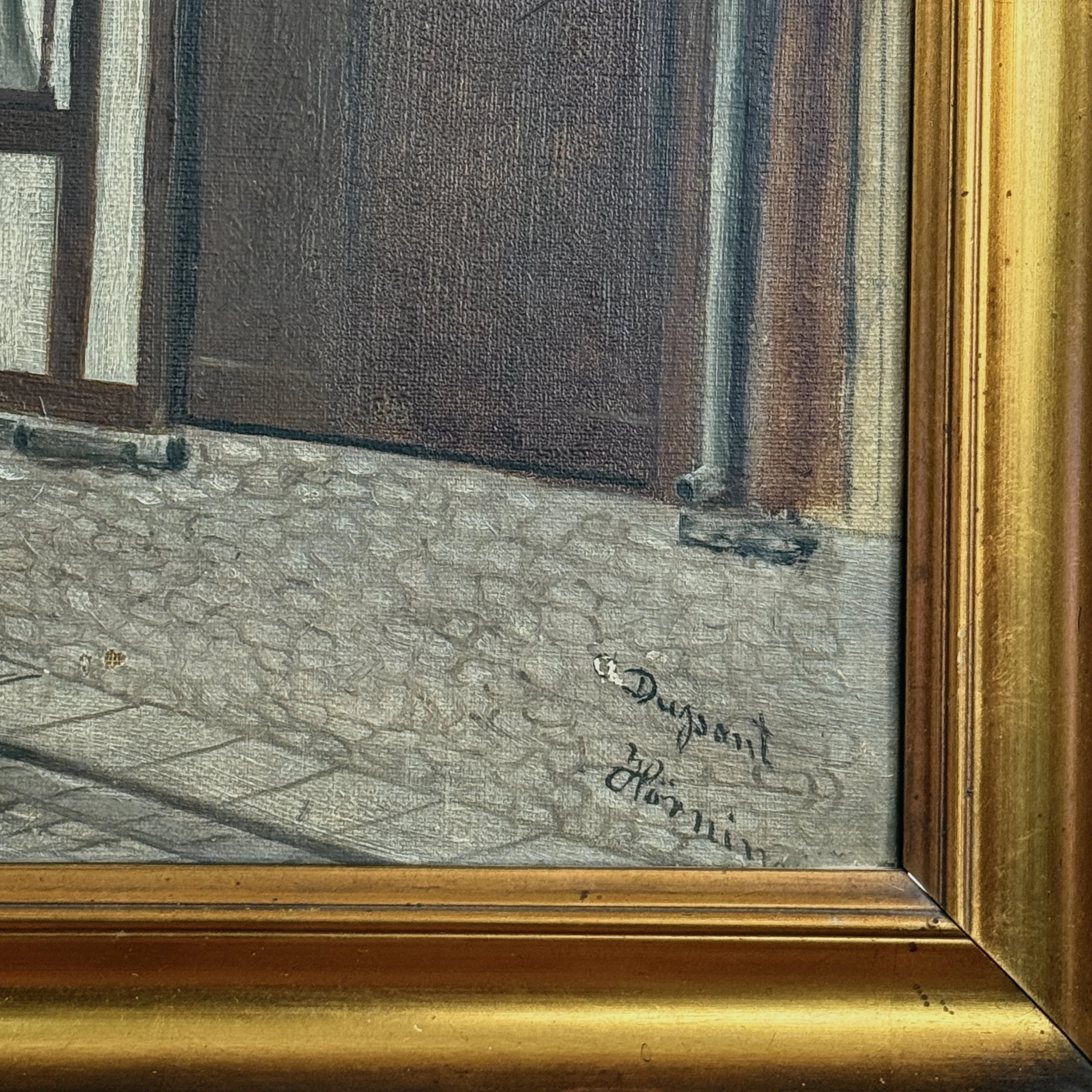 Close-up of illegible signature lower right on antique Danish Folk Art street study, oil on canvas, one name appears as "DuPont"