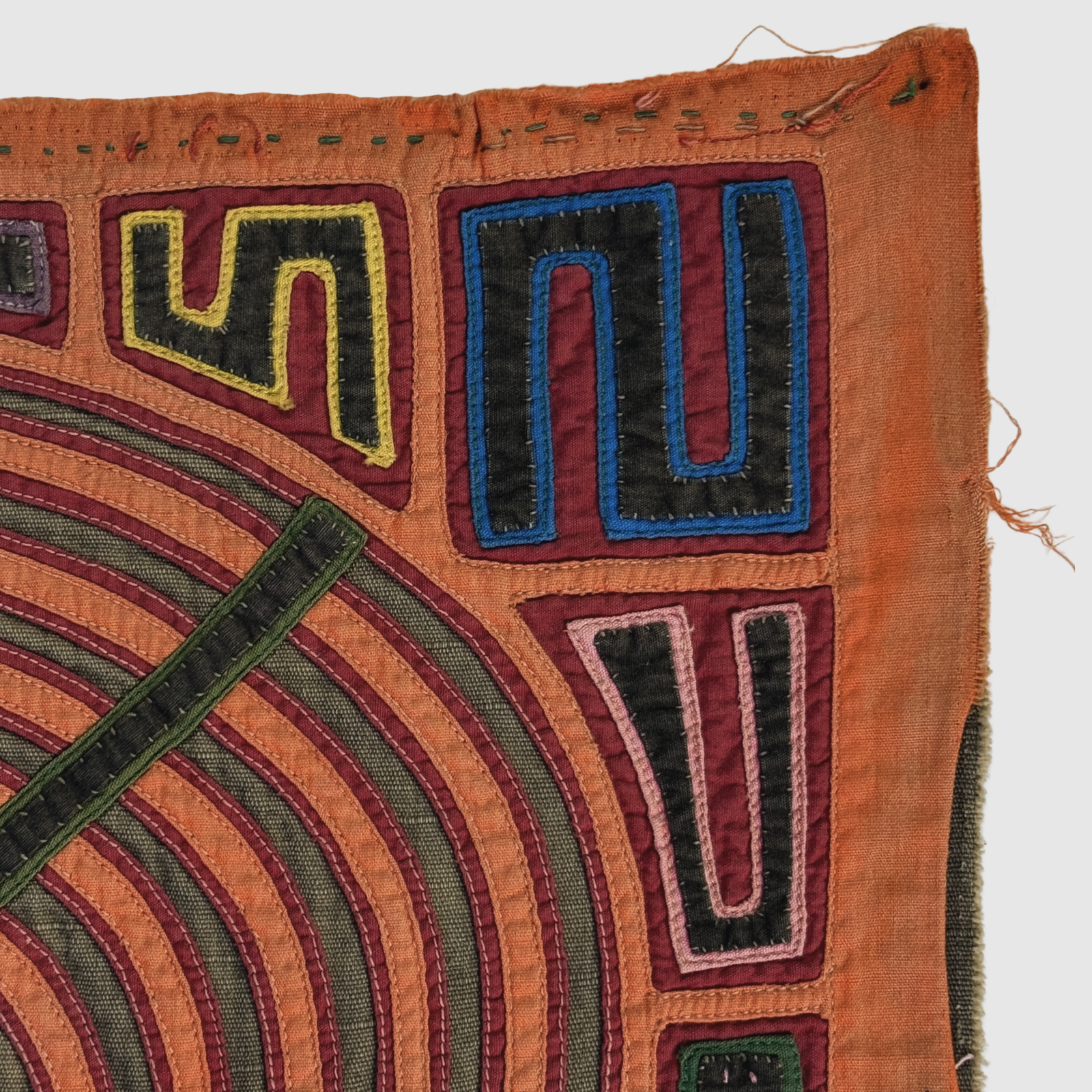 Vintage Guna mola panel, abstract radiating pattern and spirit figure, Parker and Neal collection