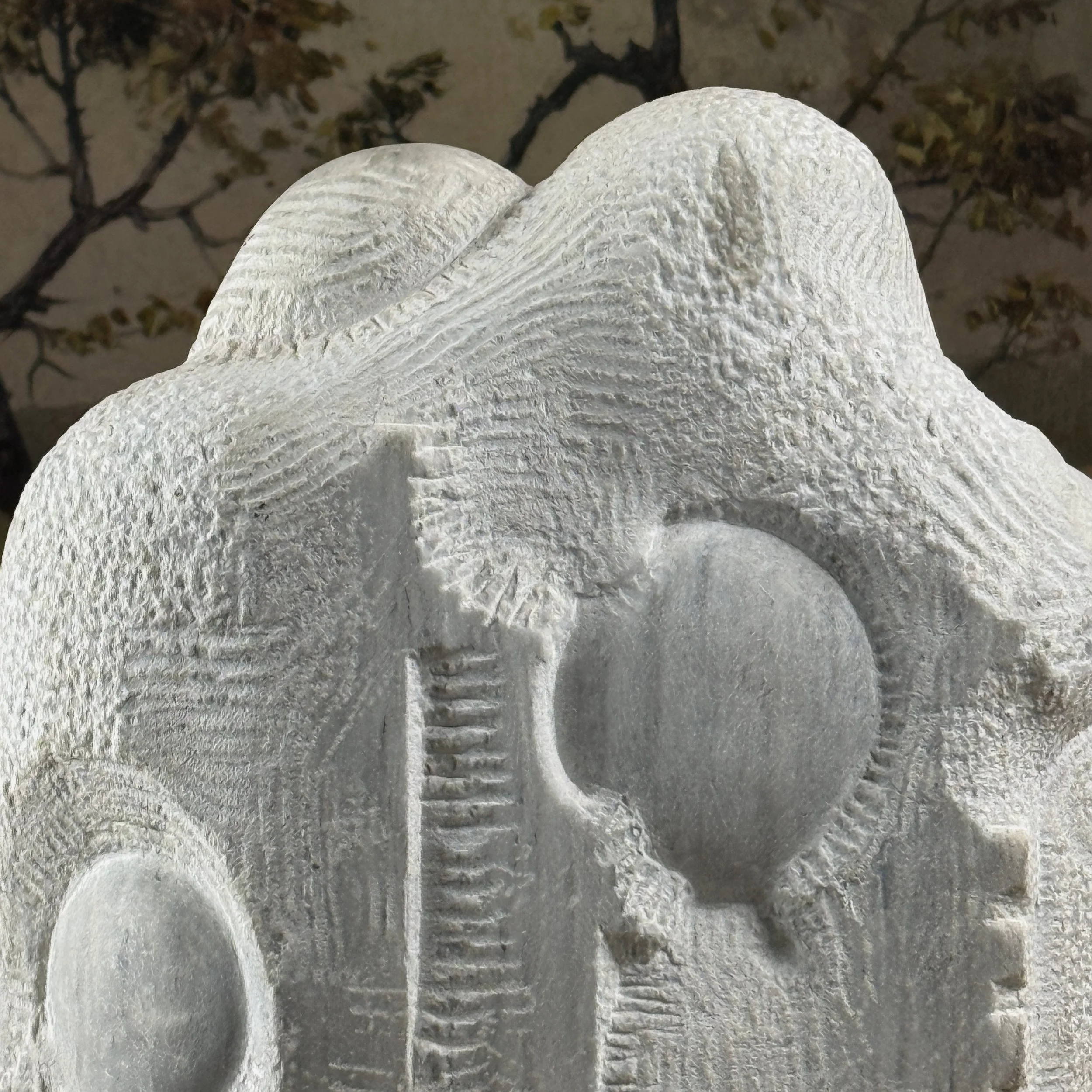 Etched and line detail, abstract marble sculpture, anthropomorphic