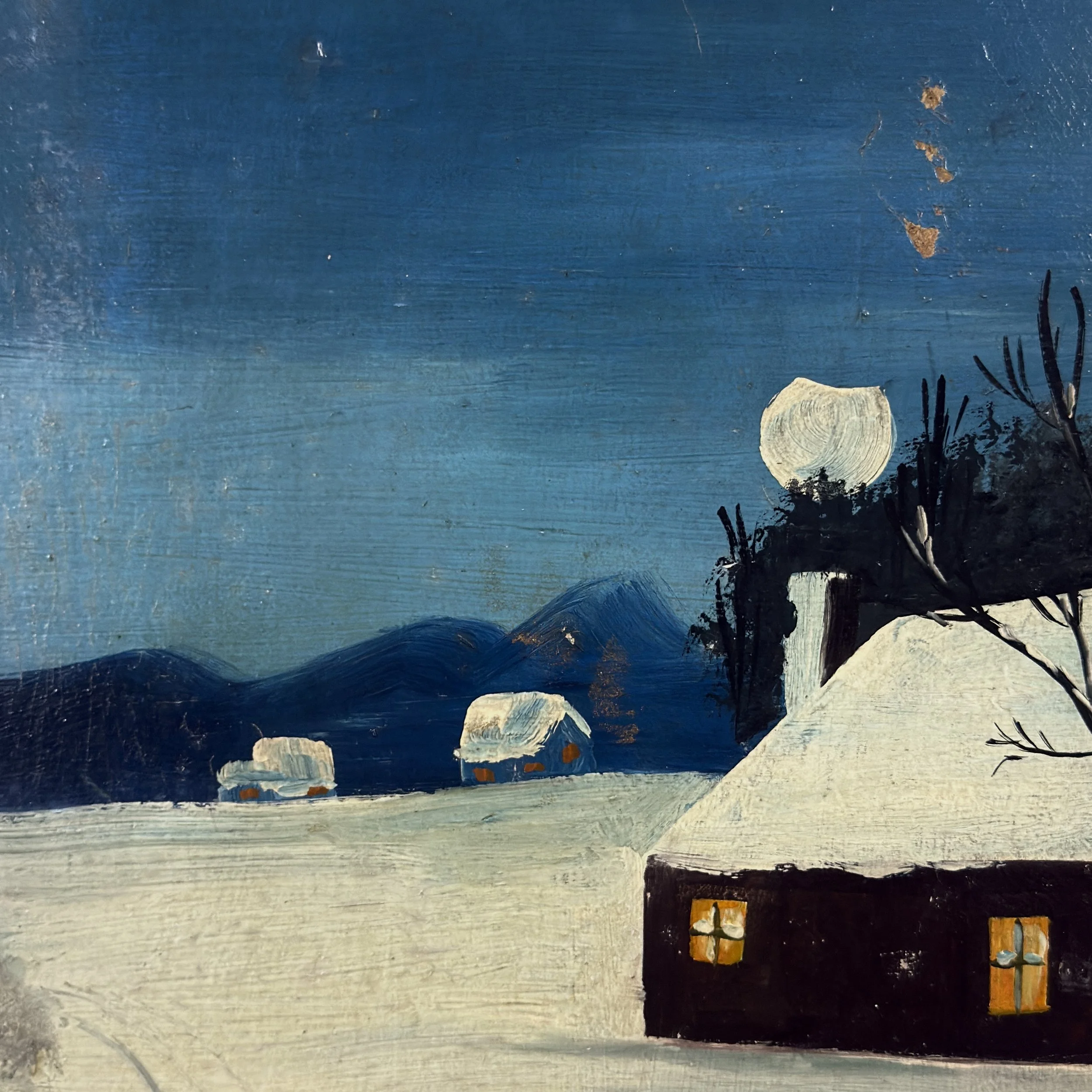 Deep blue sky detail, folk art winter nocturne painting