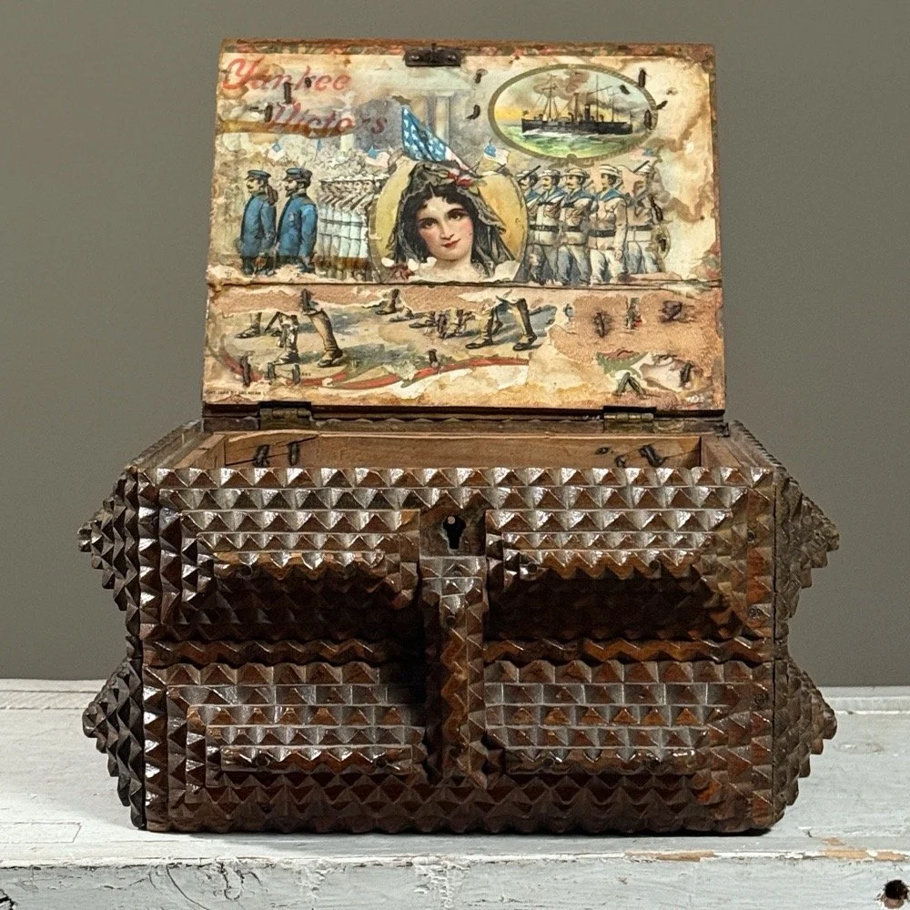 Open tramp art box revealing interior Yankee Victors collage on lid underside