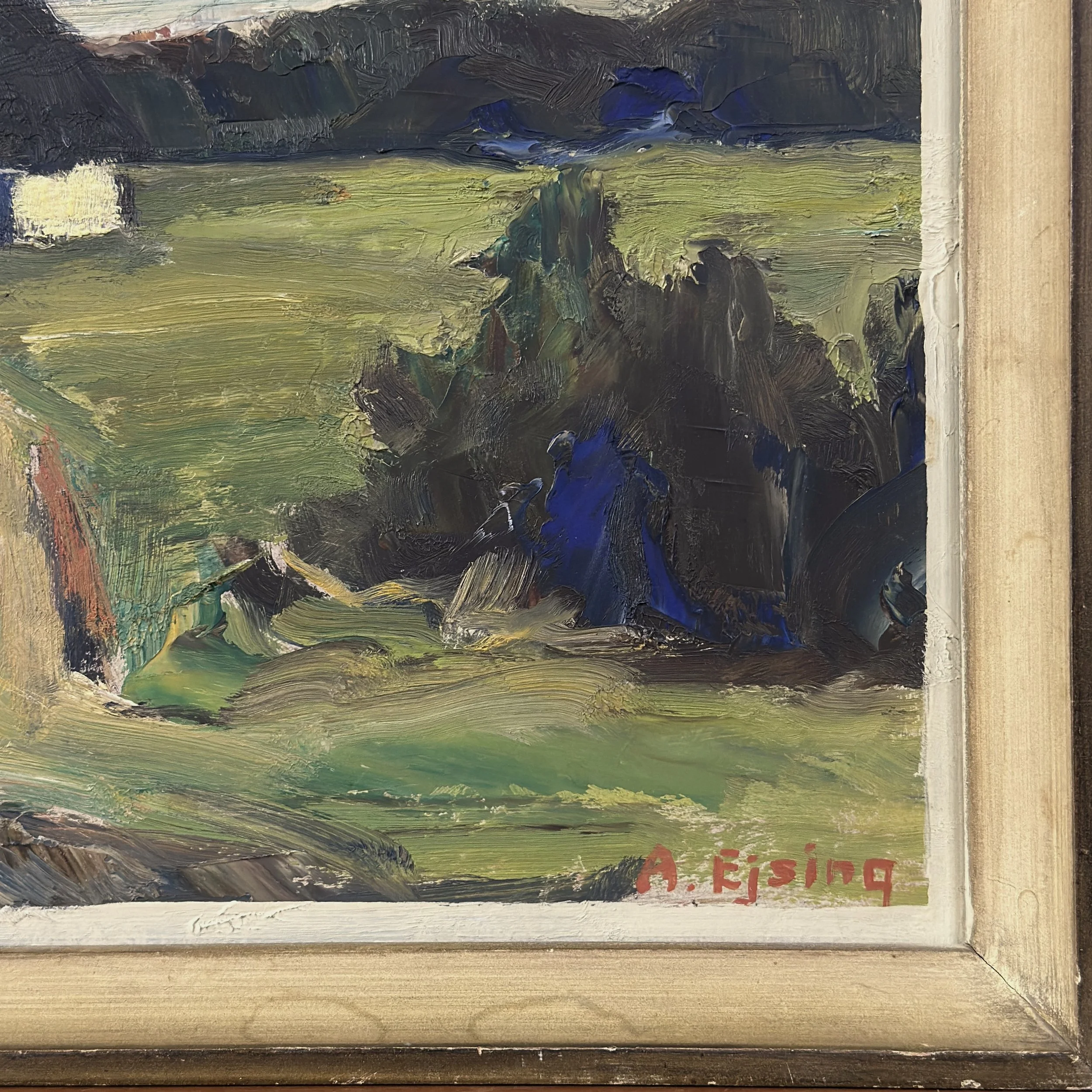 Thick expressive brushwork, Danish modernist landscape, oil on board