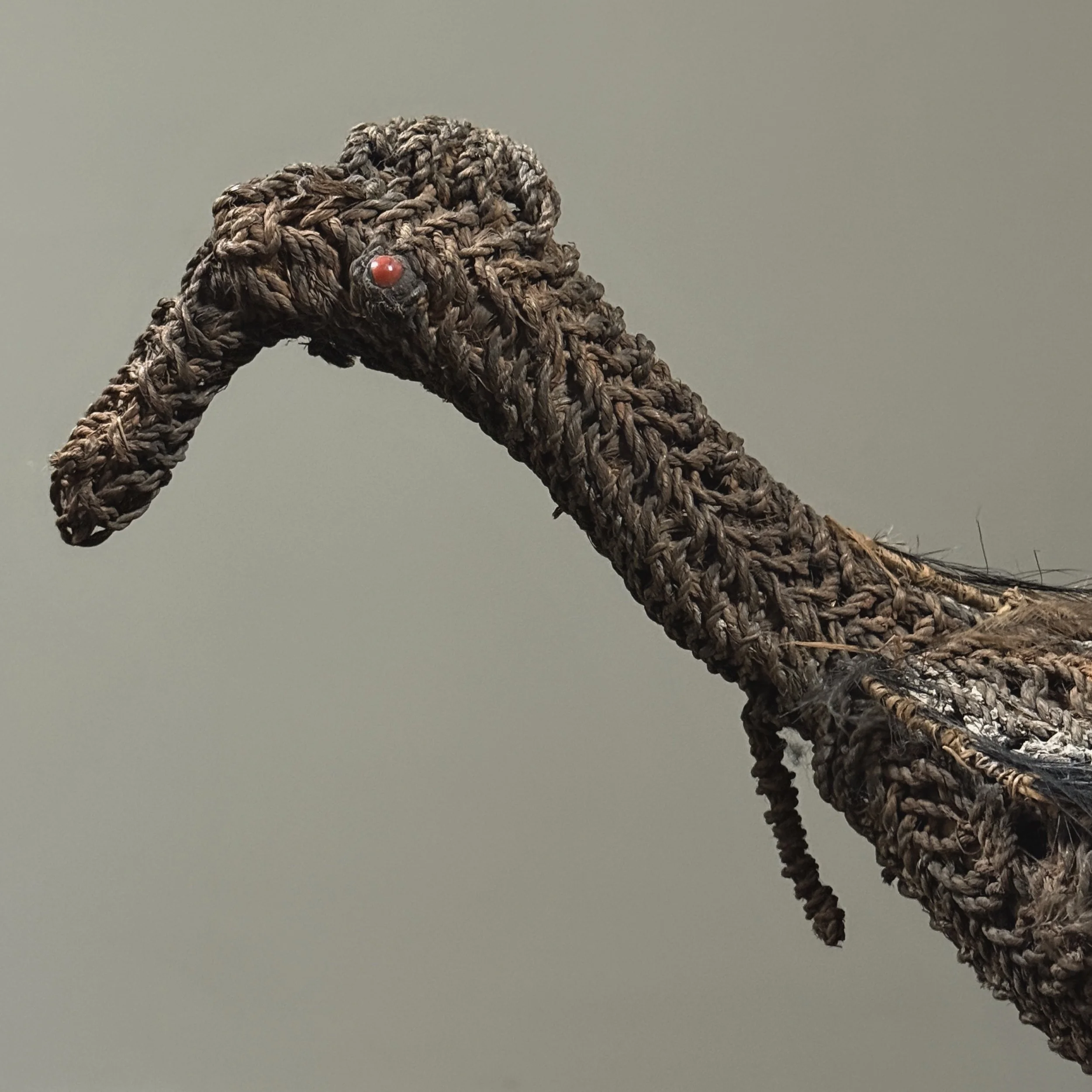 Close-up of bird head. Cowrie shell eyes. Woven fiber structure.