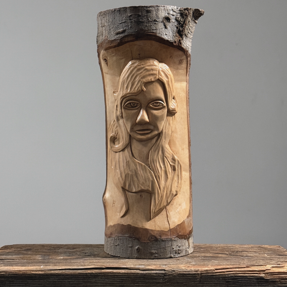 Vintage Folk Art Hand-Carved Portrait of a Woman in Birch Branch, Signed