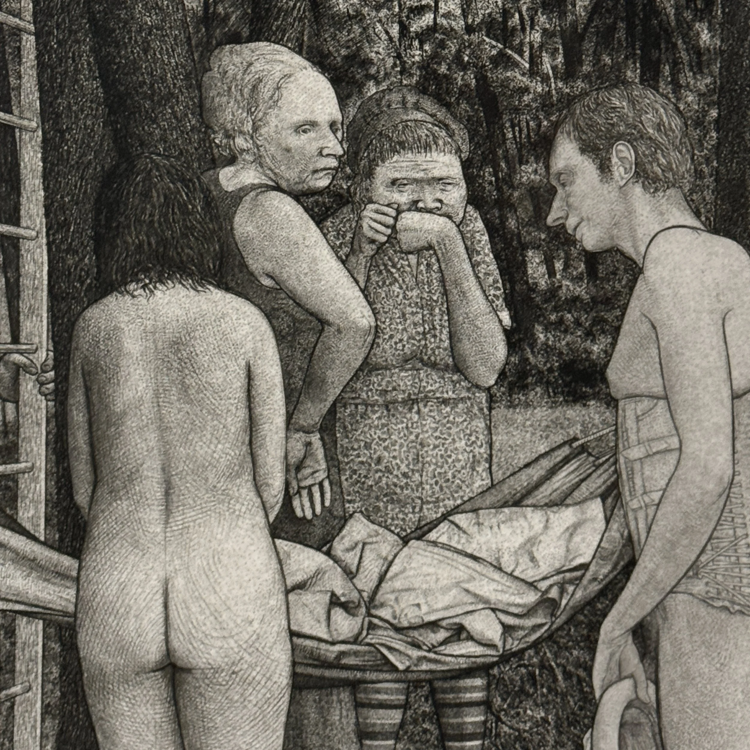 Detail of the central figures in Union Grove Picnic, showcasing Becker's fine cross-hatching and engraved lines.