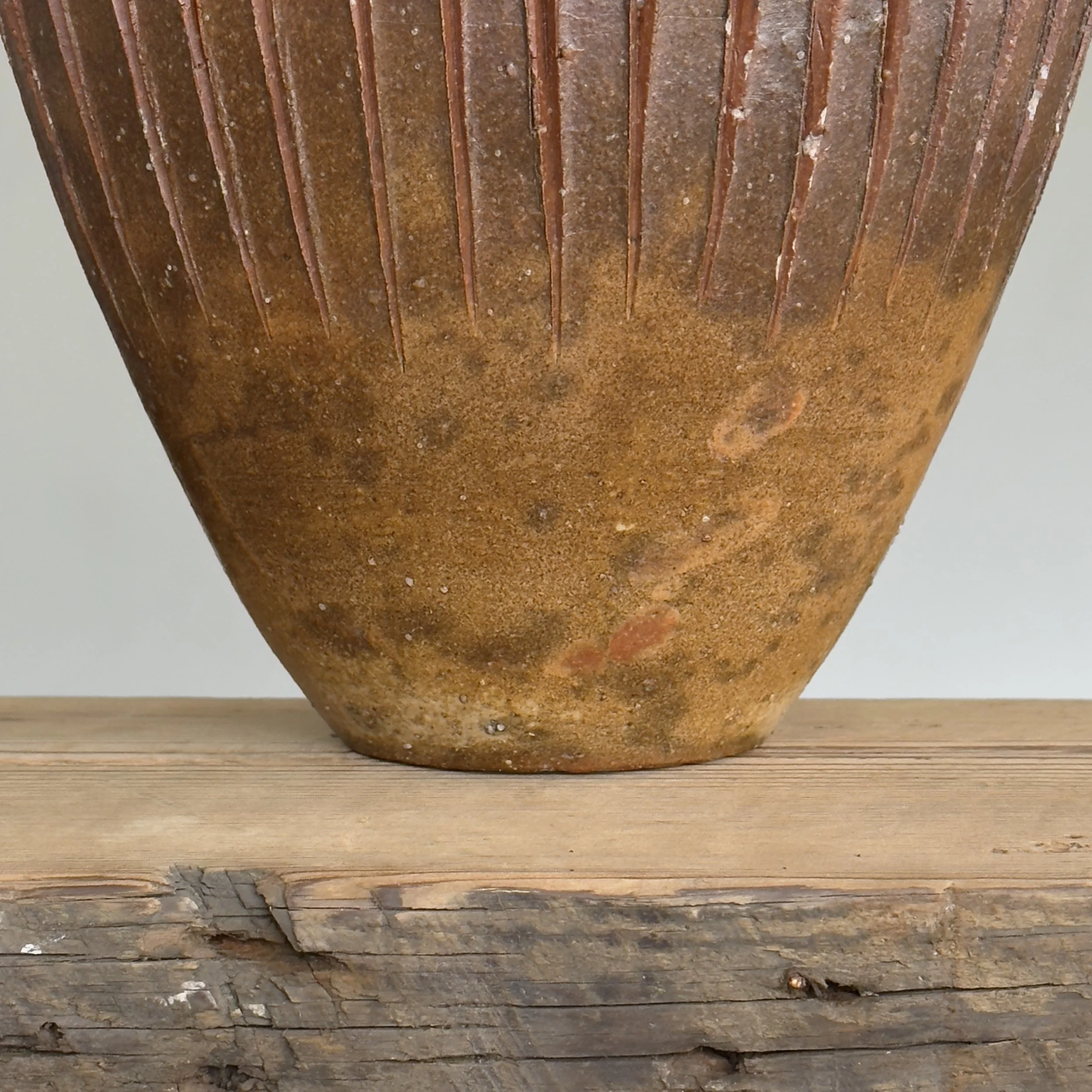 Wood fired surface detail, ash and flame effects, stoneware vessel