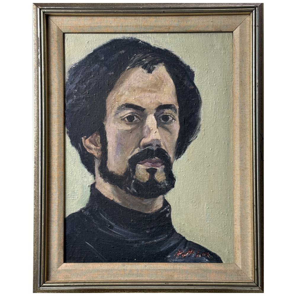 Vintage Expressionist oil portrait of man in turtleneck. Signed lower right. 1967. 19.5 by 15.4 inches framed.