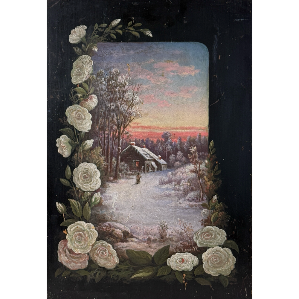 Antique folk art winter landscape by L.L. Lowell. Snow-covered cabin. Lone figure. 20.25 by 13.5 inches.