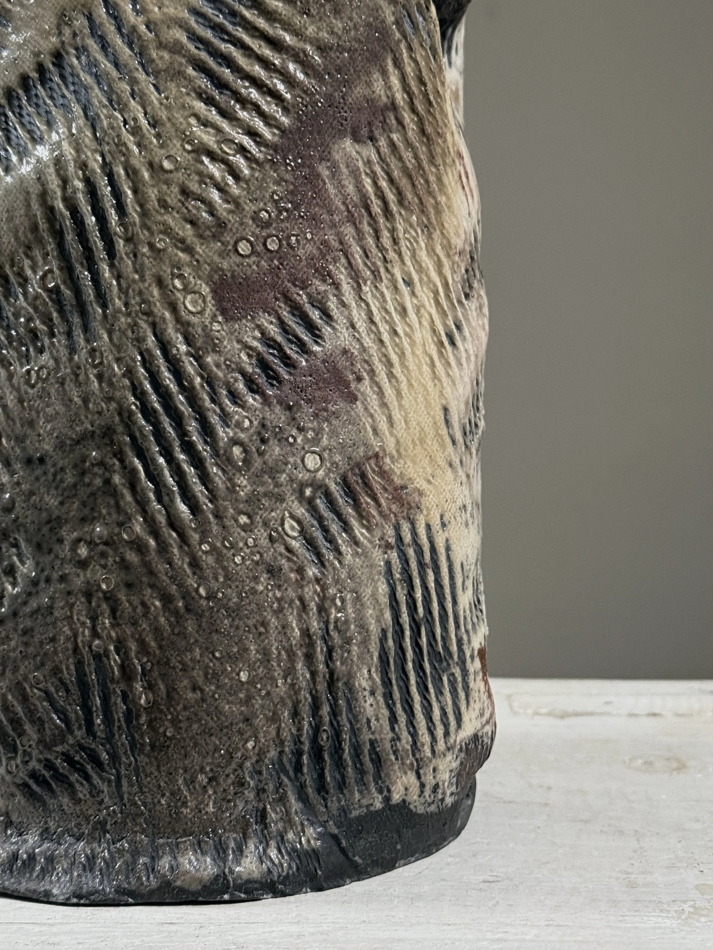 Vintage Brutalist Expressionist wood fired slab built crackle glaze vase