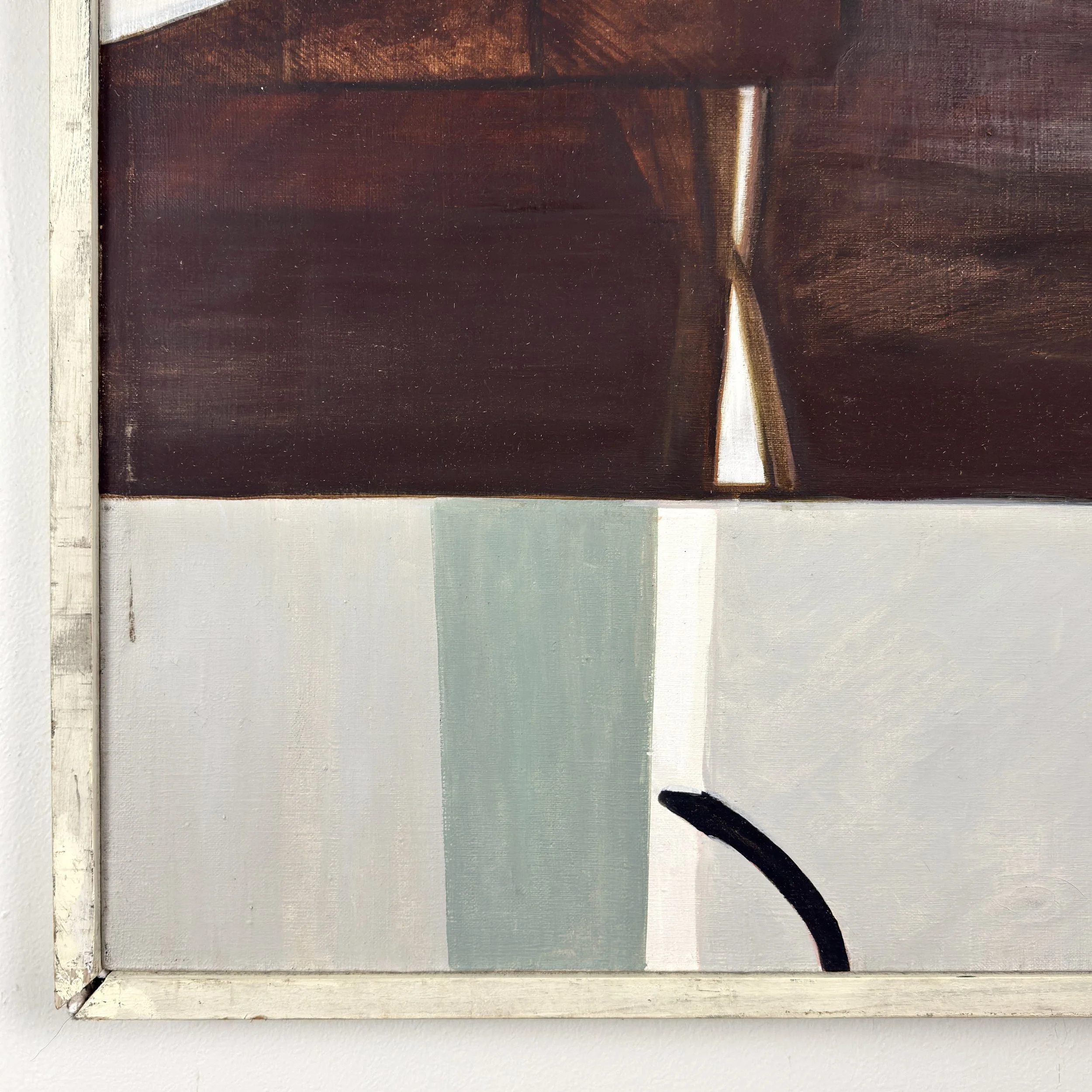 Frame detail, weathered white slats, scratches and paint chips, reclaimed wood