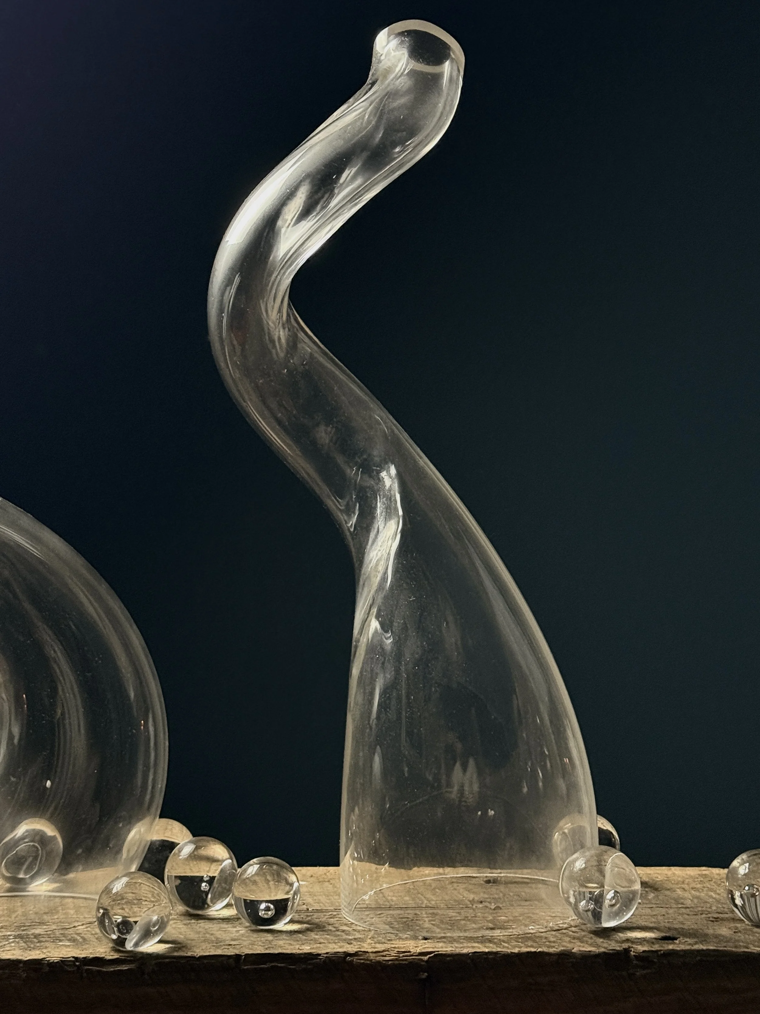 Large postmodern glass form with biomorphic contours and transparency