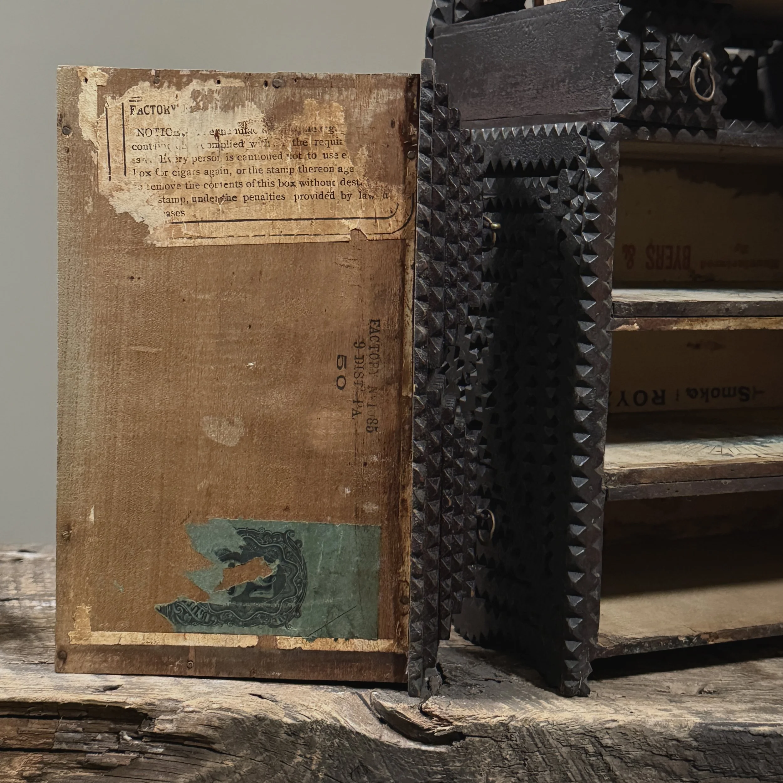Tramp art dresser original cigar box labels inside drawers