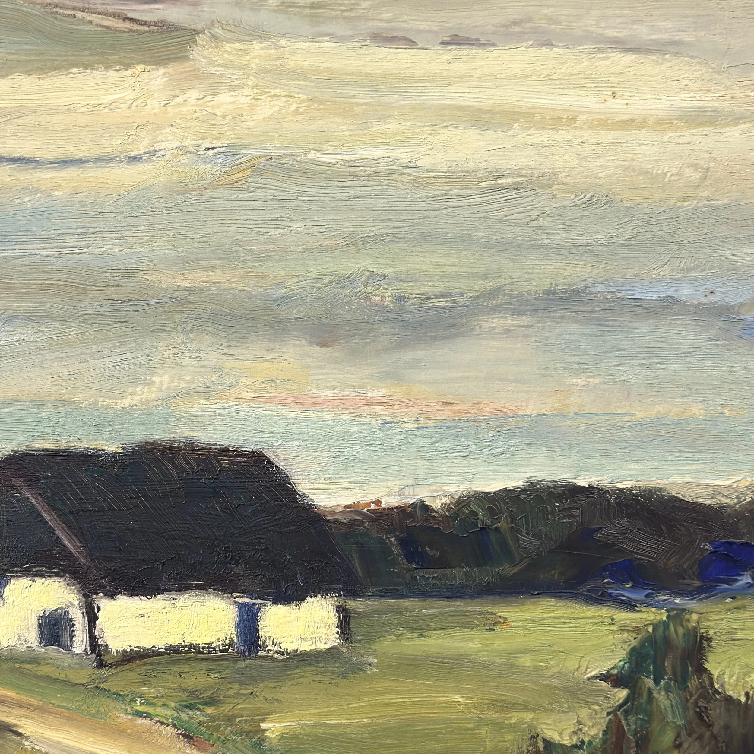 Thick expressive brushwork, Danish modernist landscape, oil on board