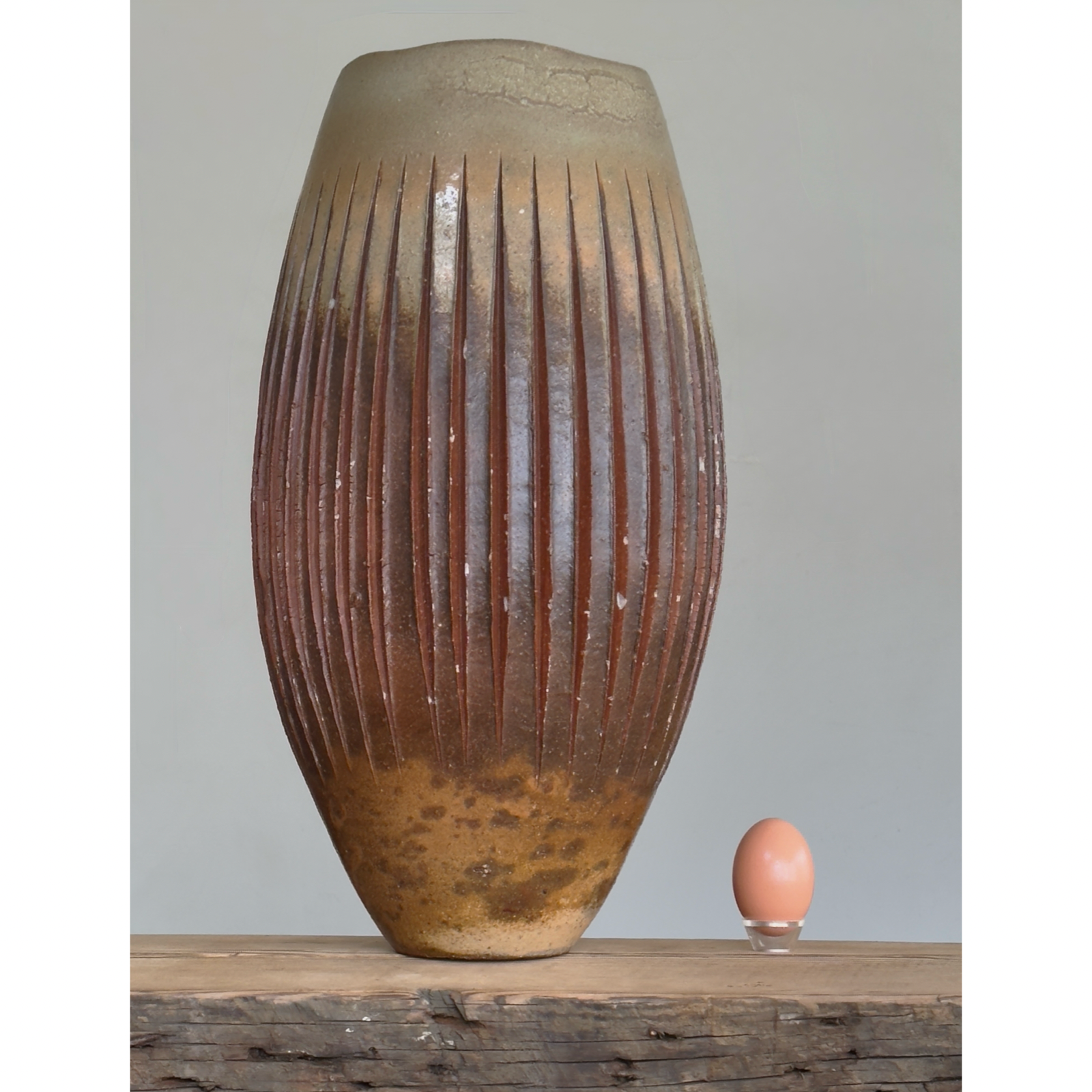 Japanese modernist wood fired stoneware vessel, signed With an egg for size reference