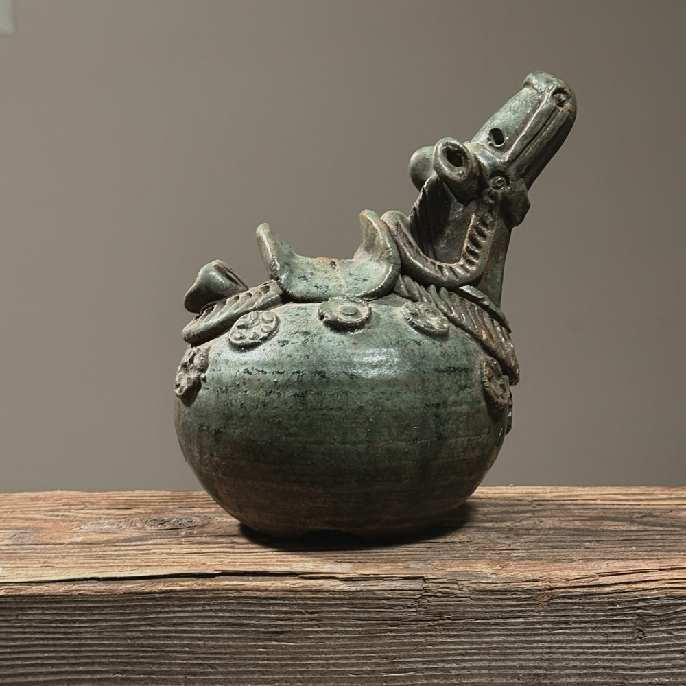 Antique Zuni style Chinese glazed ceramic war horse vessel. 6.75 inches height by 7.5 inches width by 5.25 inches depth.
