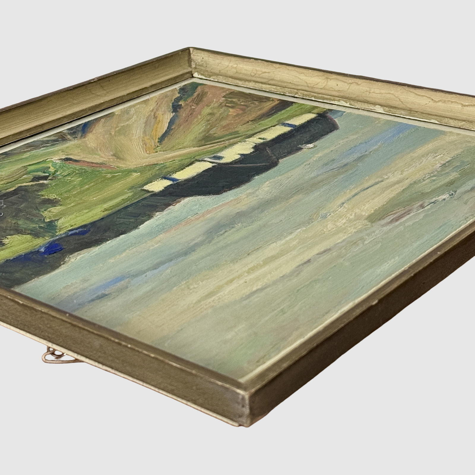 on board, modernist landscape, signed lower right, 16.6 x 15.75 inches
