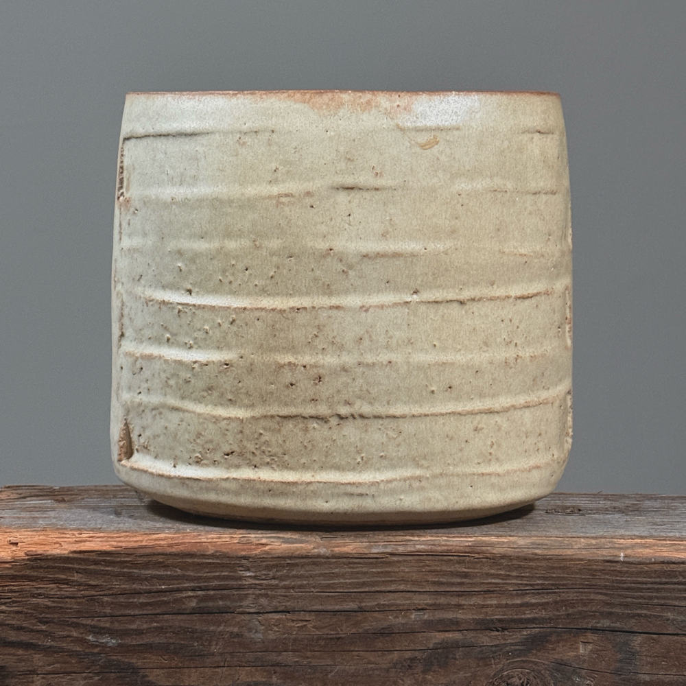 Vintage Modernist Japanese oval Shino glazed stoneware vase, signed