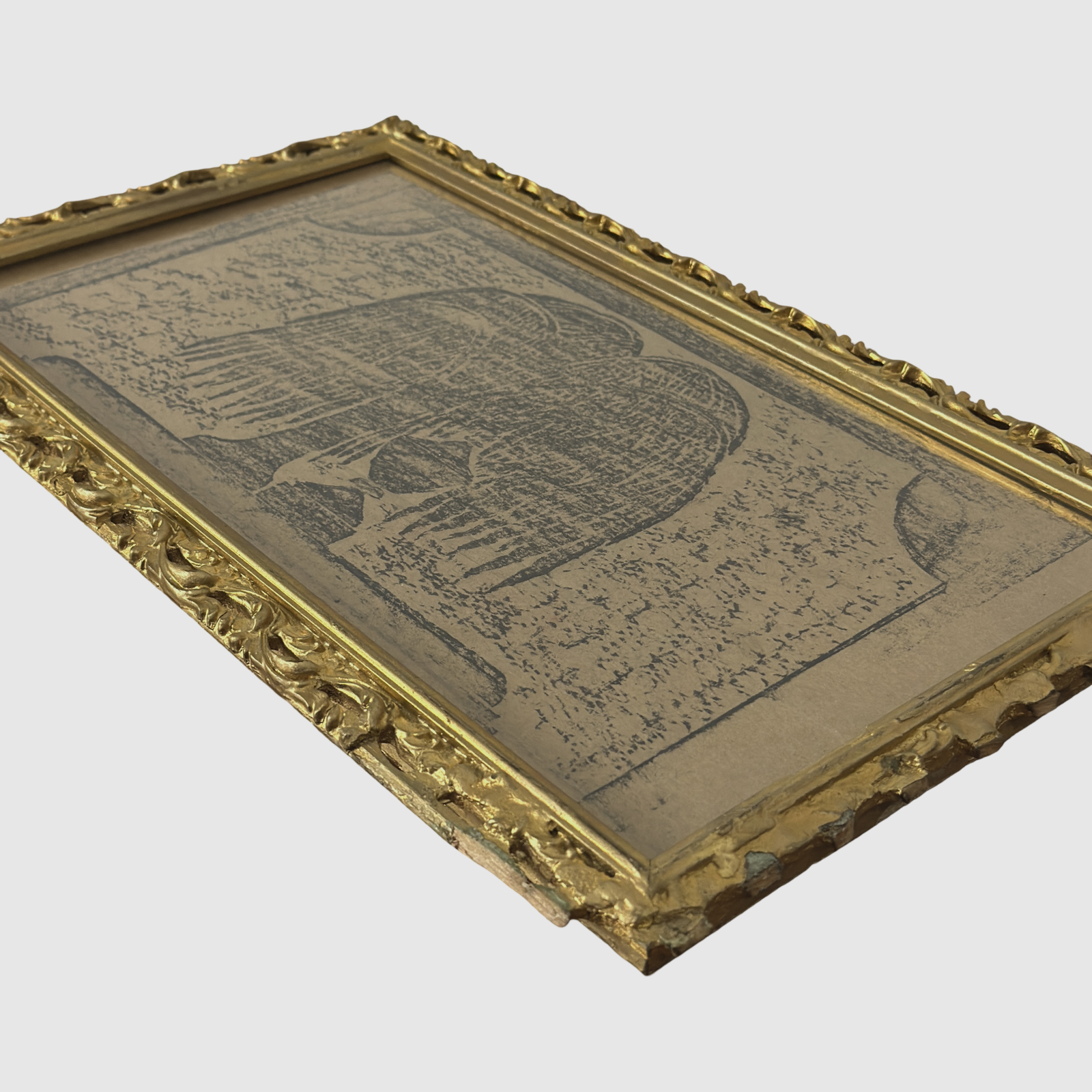 Antique folk art grave rubbing, willow design, gilt scroll frame
