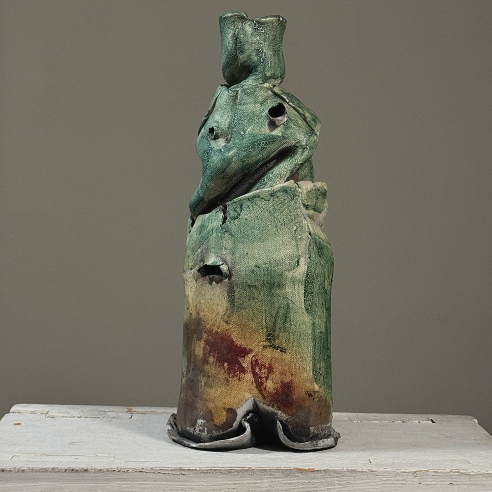 Vintage Abstract Expressionist  Slab Built Glossy Iridescent Deep Red and Green Stoneware Vessel
