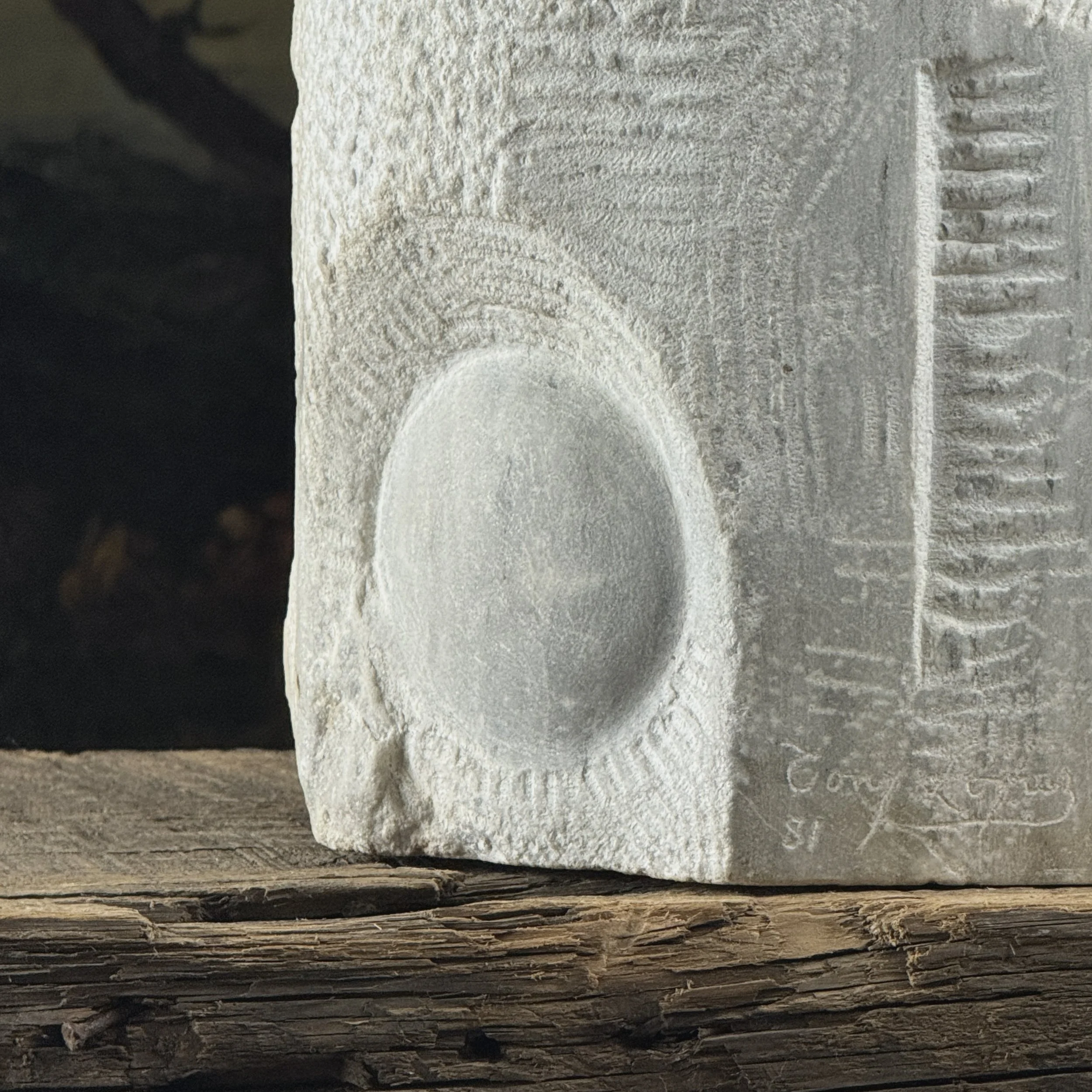 Etched and line detail, abstract marble sculpture, anthropomorphic