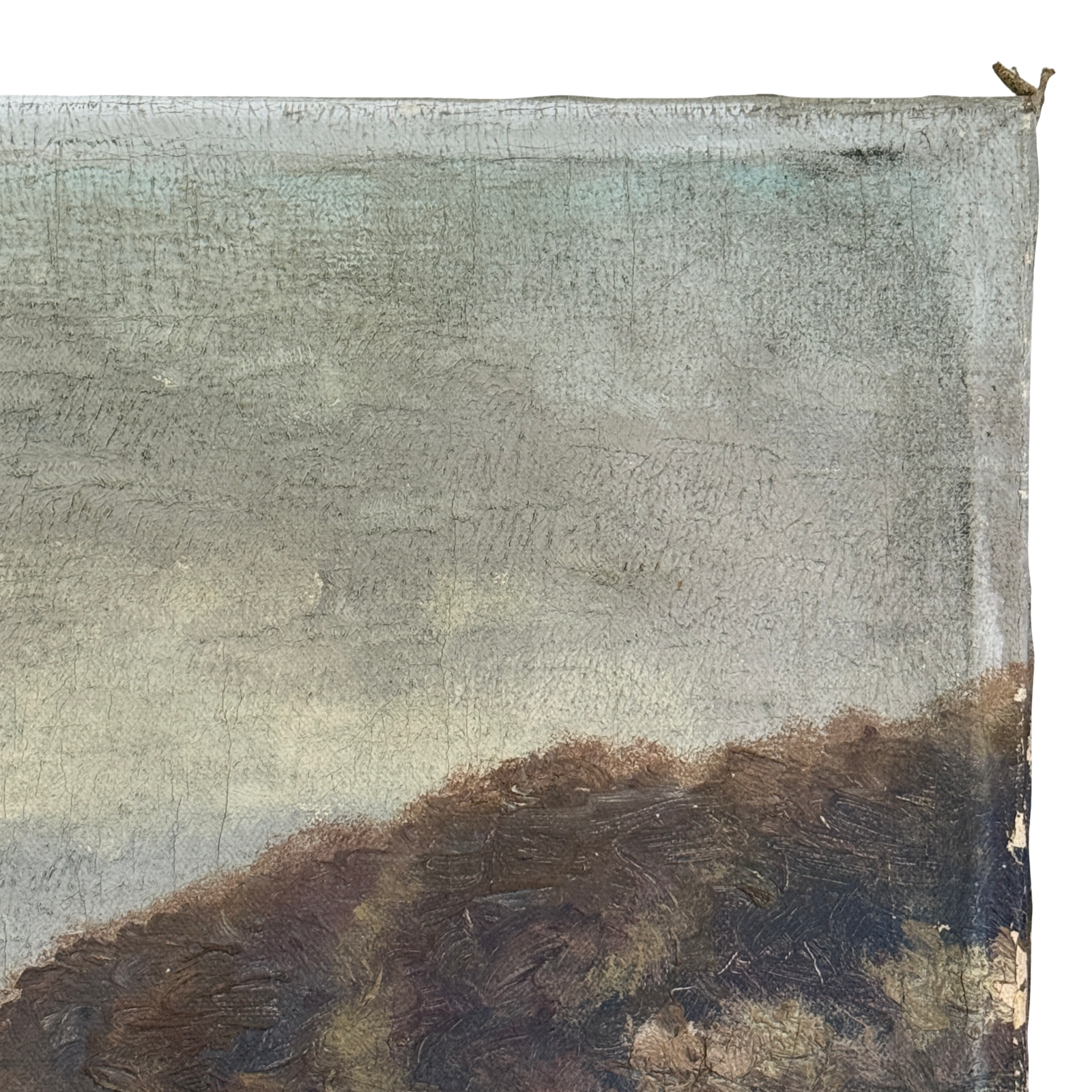 Close-up detail heavily textured paint surface winter landscape cottage river 1930