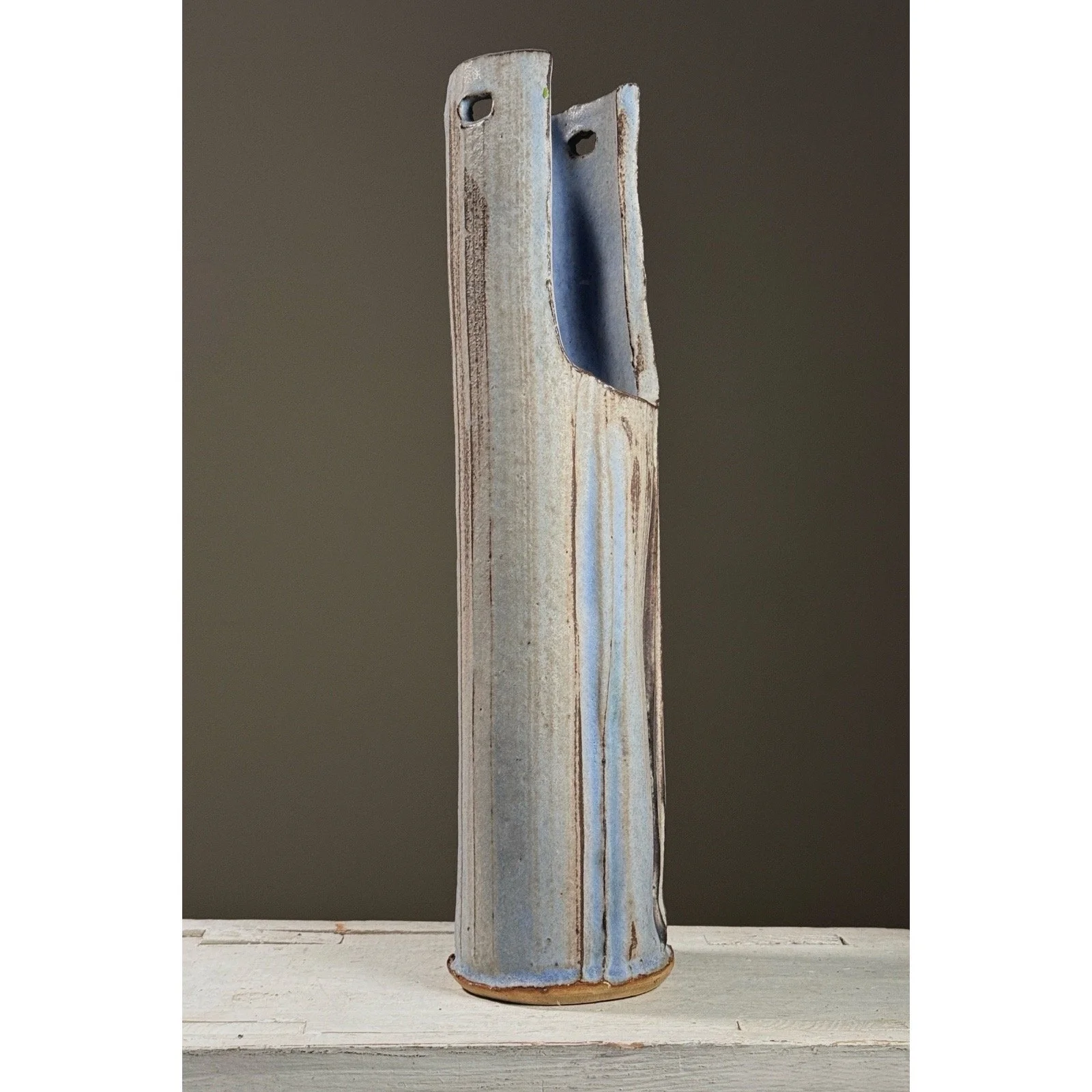 Full frontal view of a large vintage wood-fired ikebana vase by Seiko Kato Behr