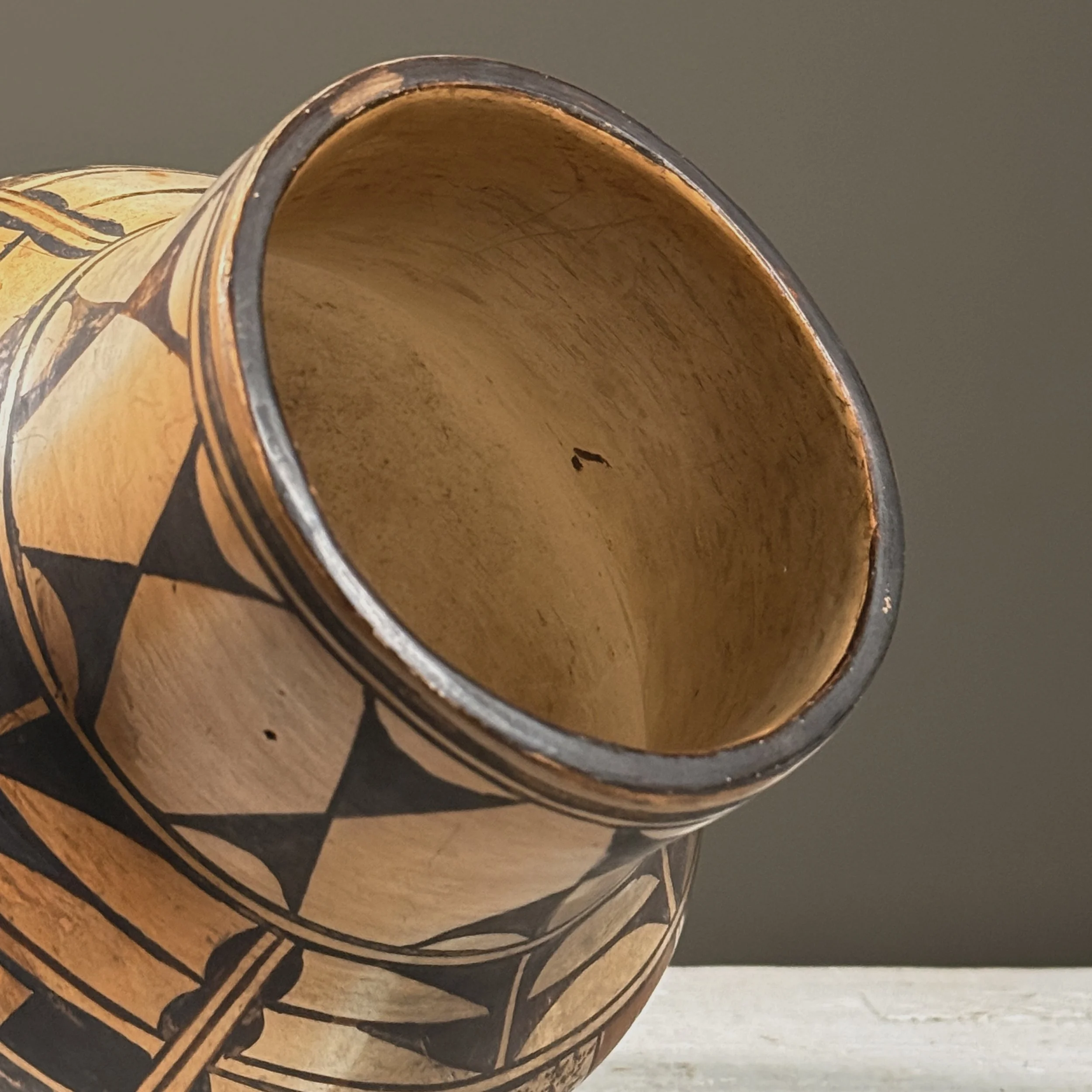 Smoke marks on exterior, Hopi pit-fired pottery vessel