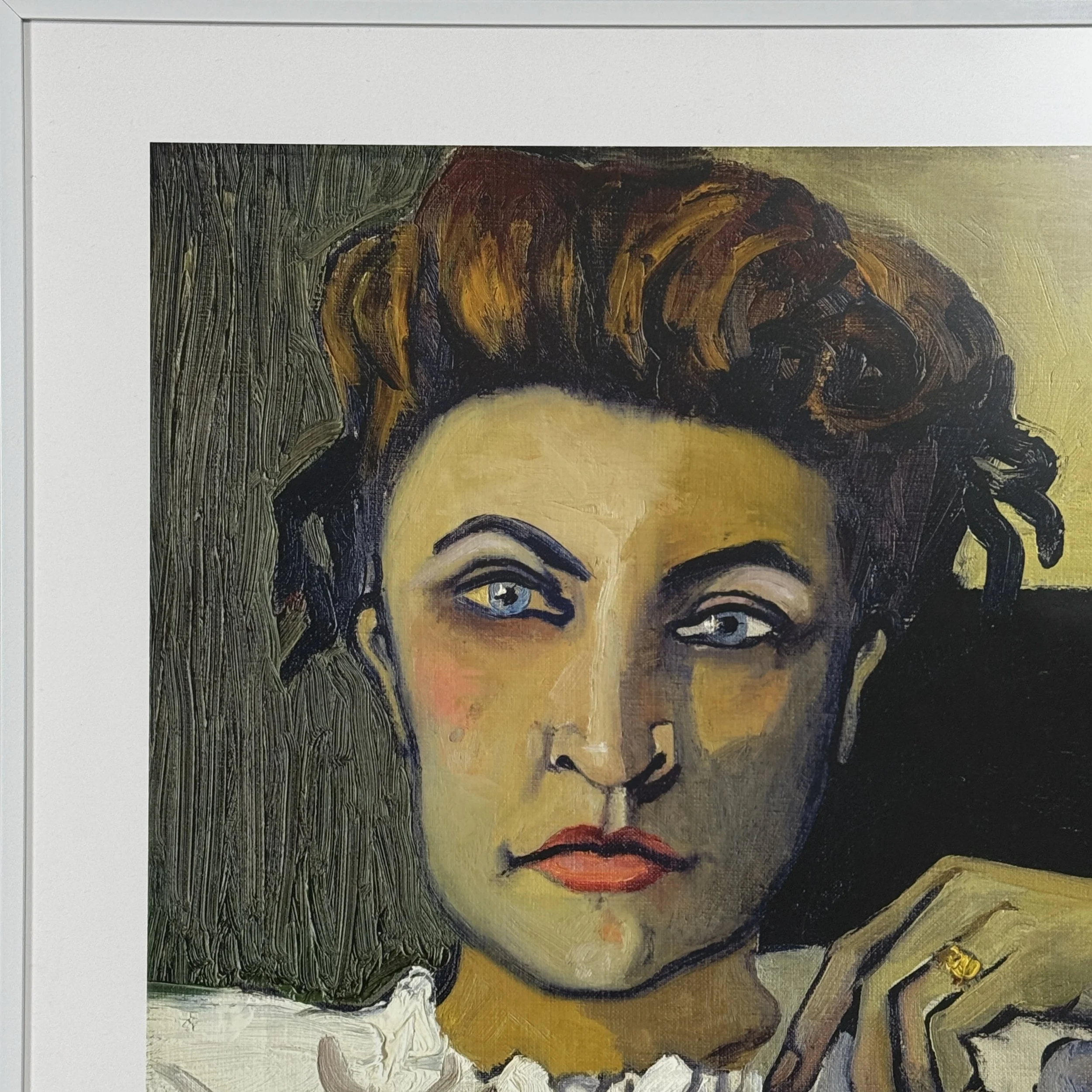 Detailed close-up of Elenka's face in the Alice Neel portrait print.