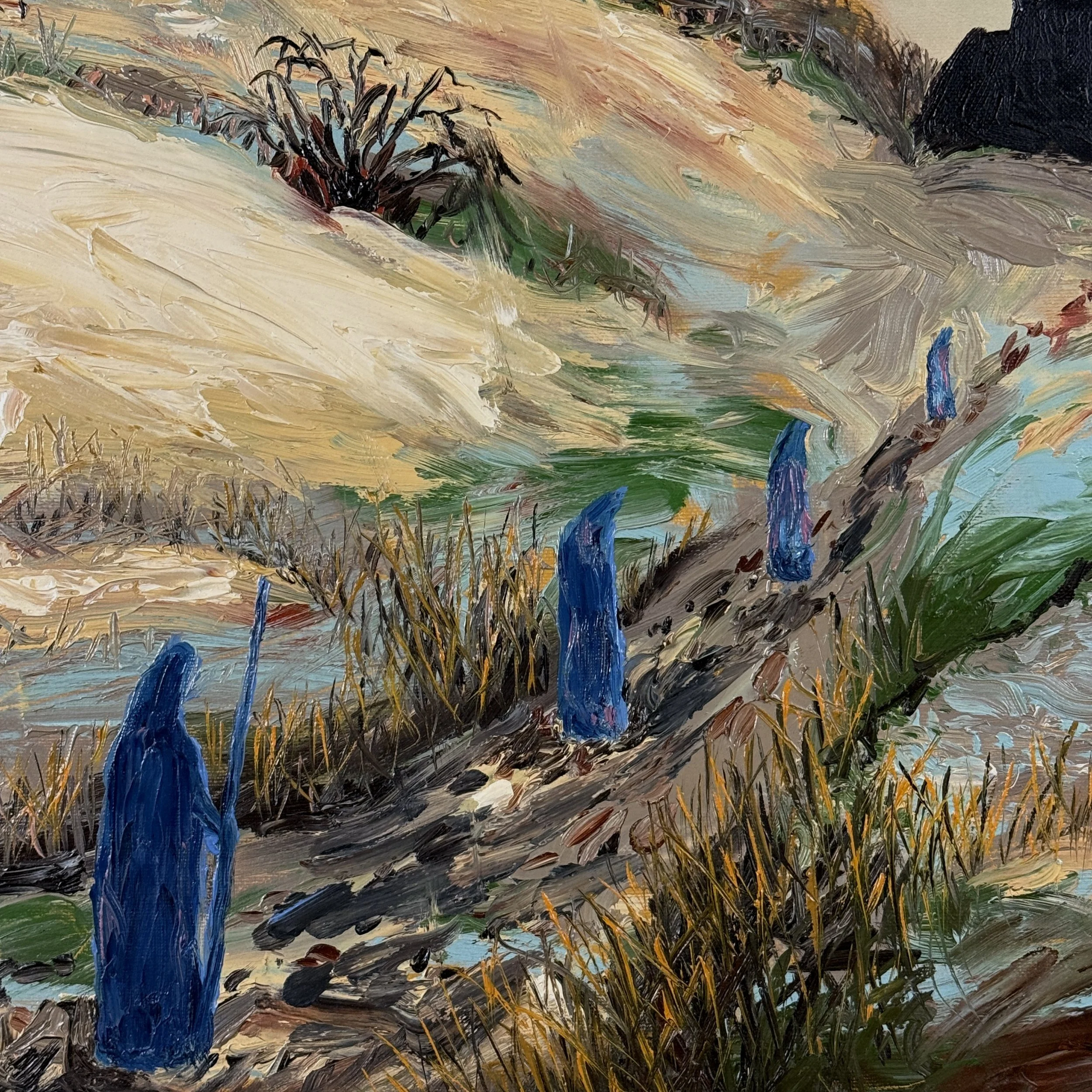 Four robed figures walking toward black church, Expressionist painting, signed