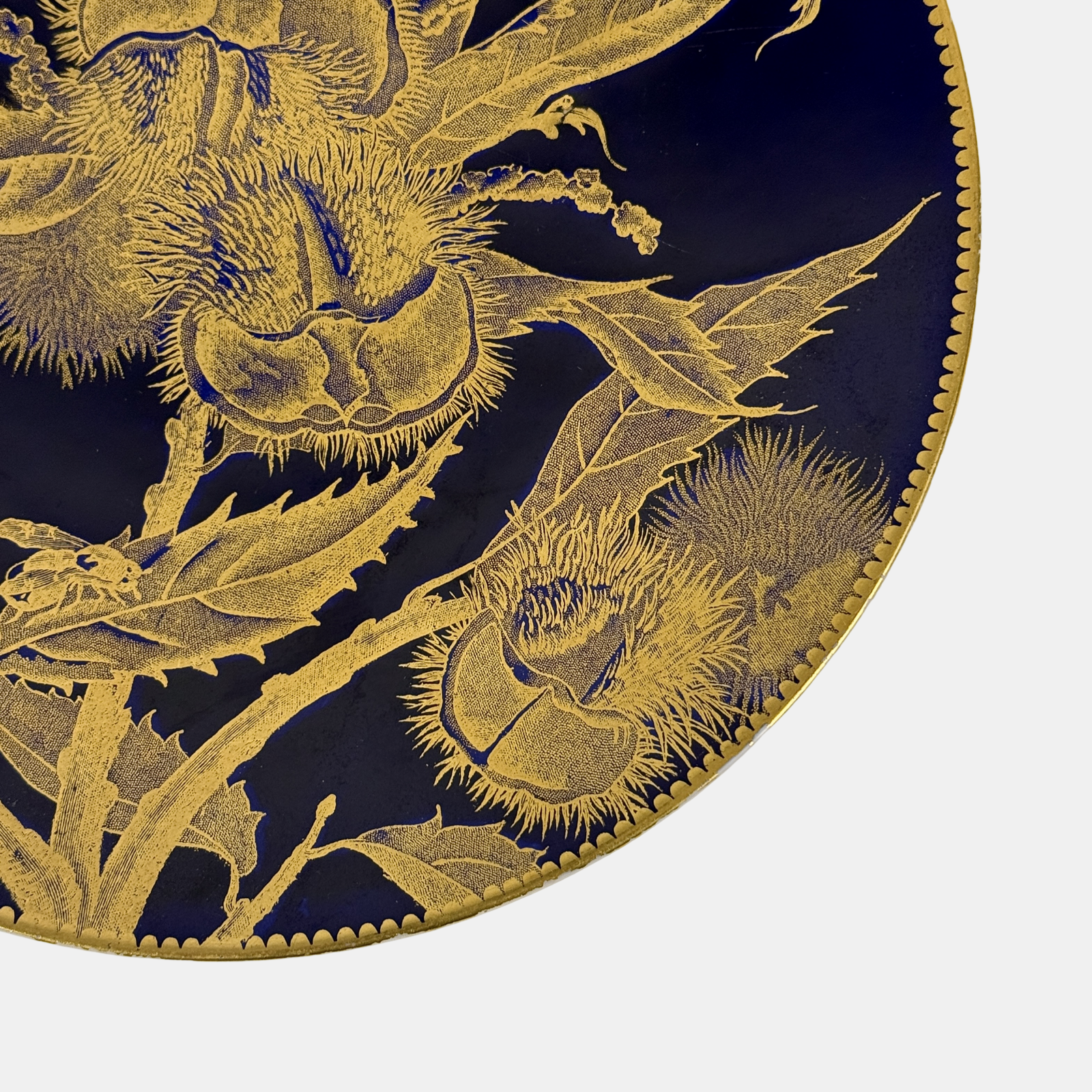 Pair of Brownfield English porcelain Aesthetic period plates, cobalt and gold, chestnut and peach motifs