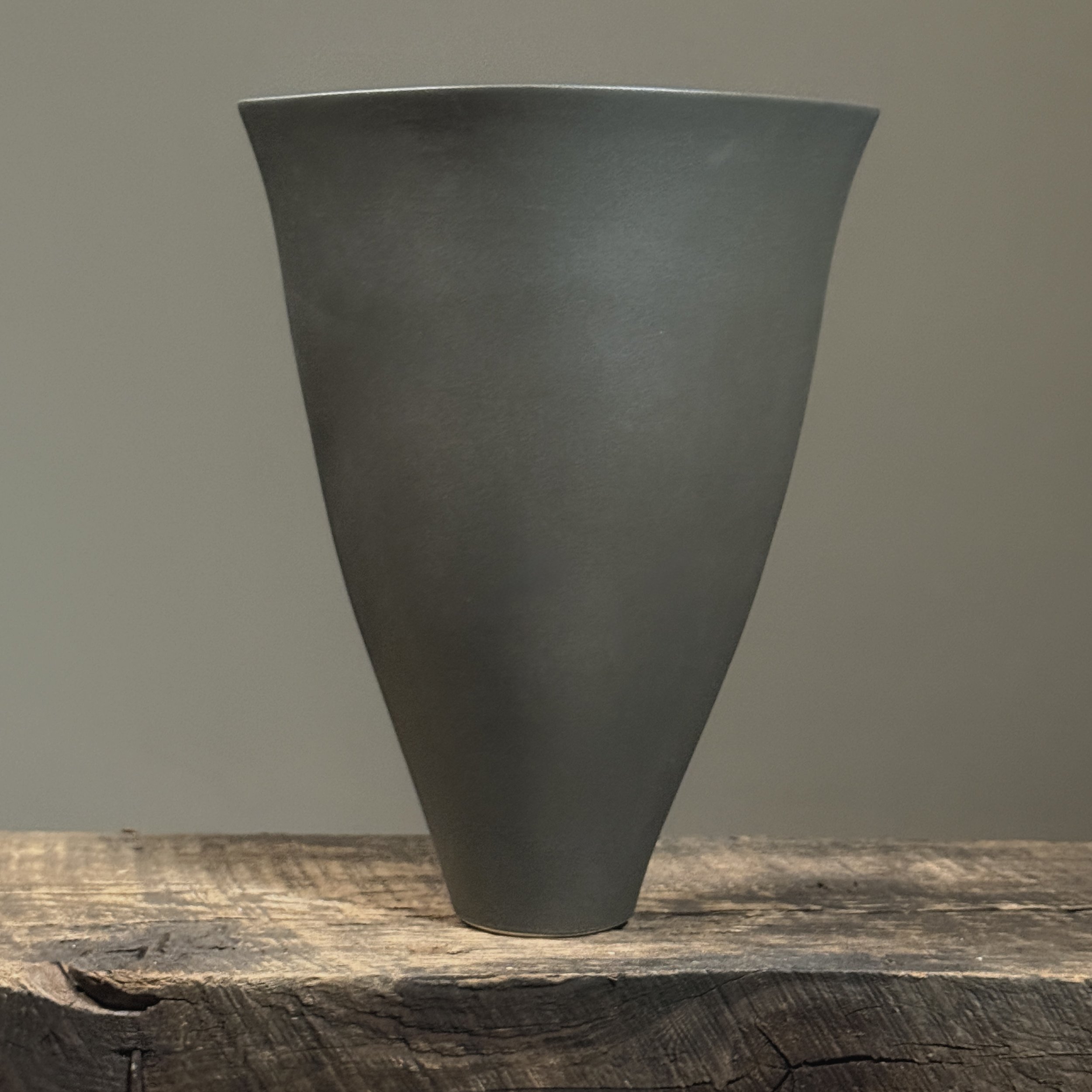 Vintage Postmodernist Japanese black matte porcelain ikebana vase. V-shaped. 10.5 inches height.