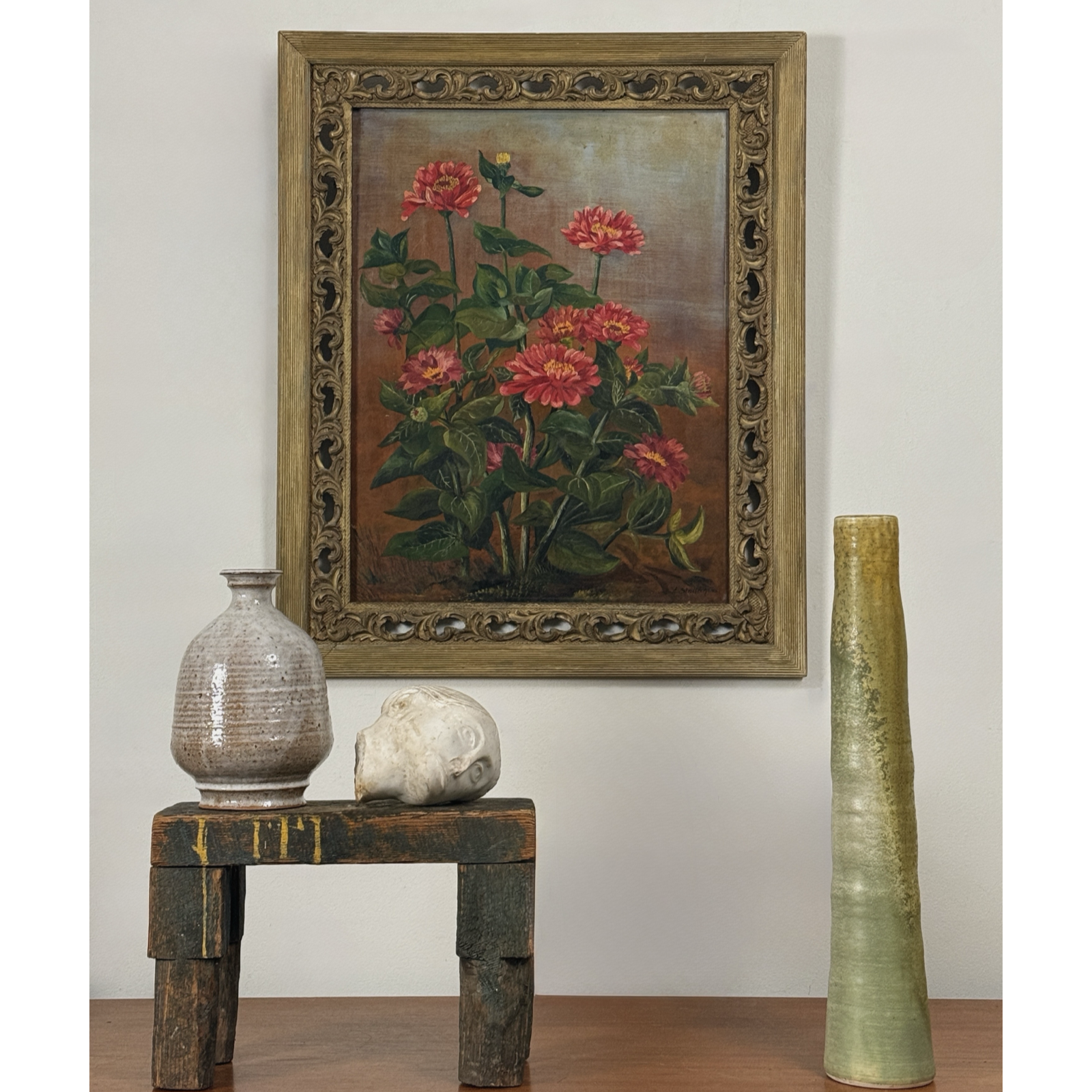 Vignette with Antique still life of a coral zinnia bush, signed, realist painting