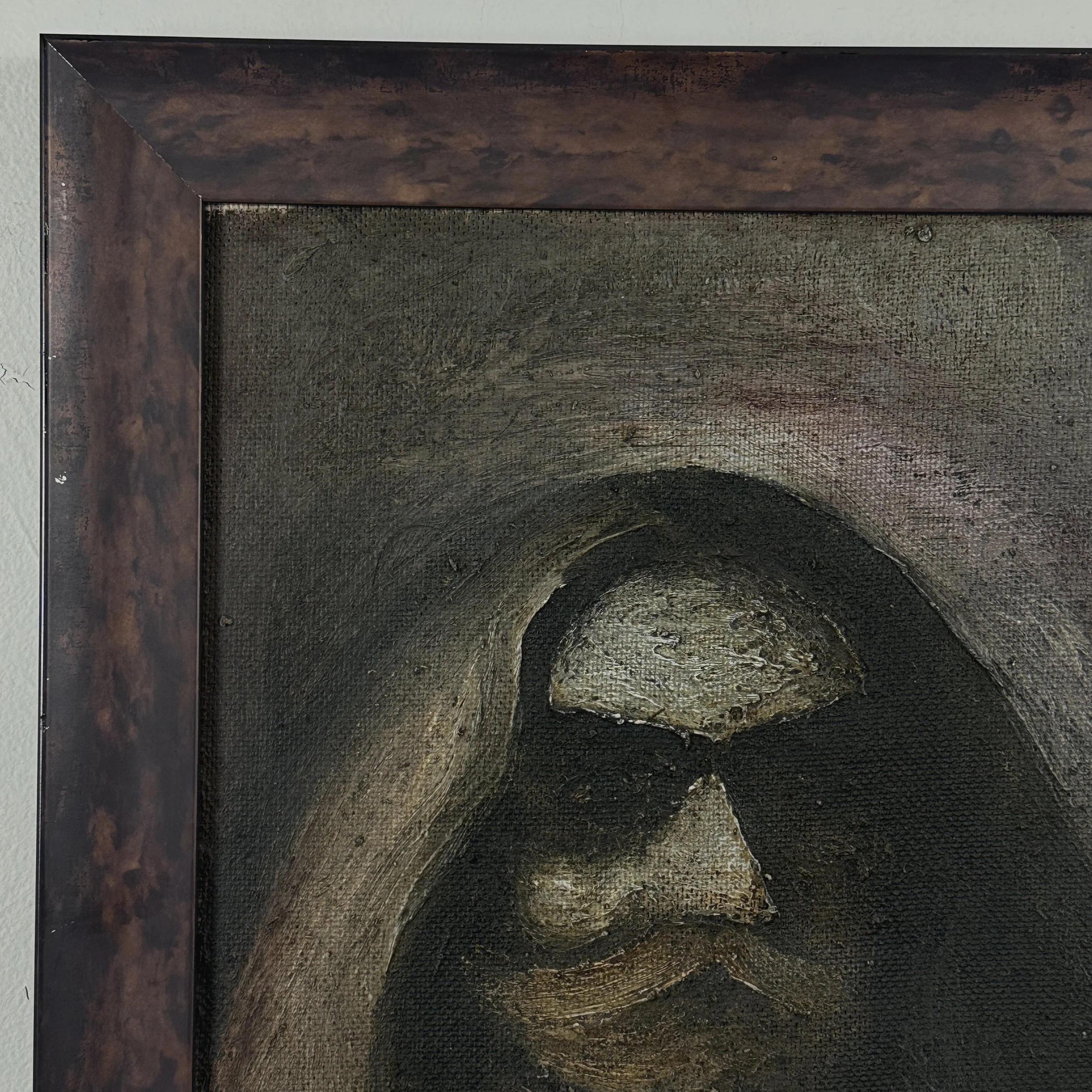 Vintage dark folk art impasto portrait of bearded man, oil on canvas