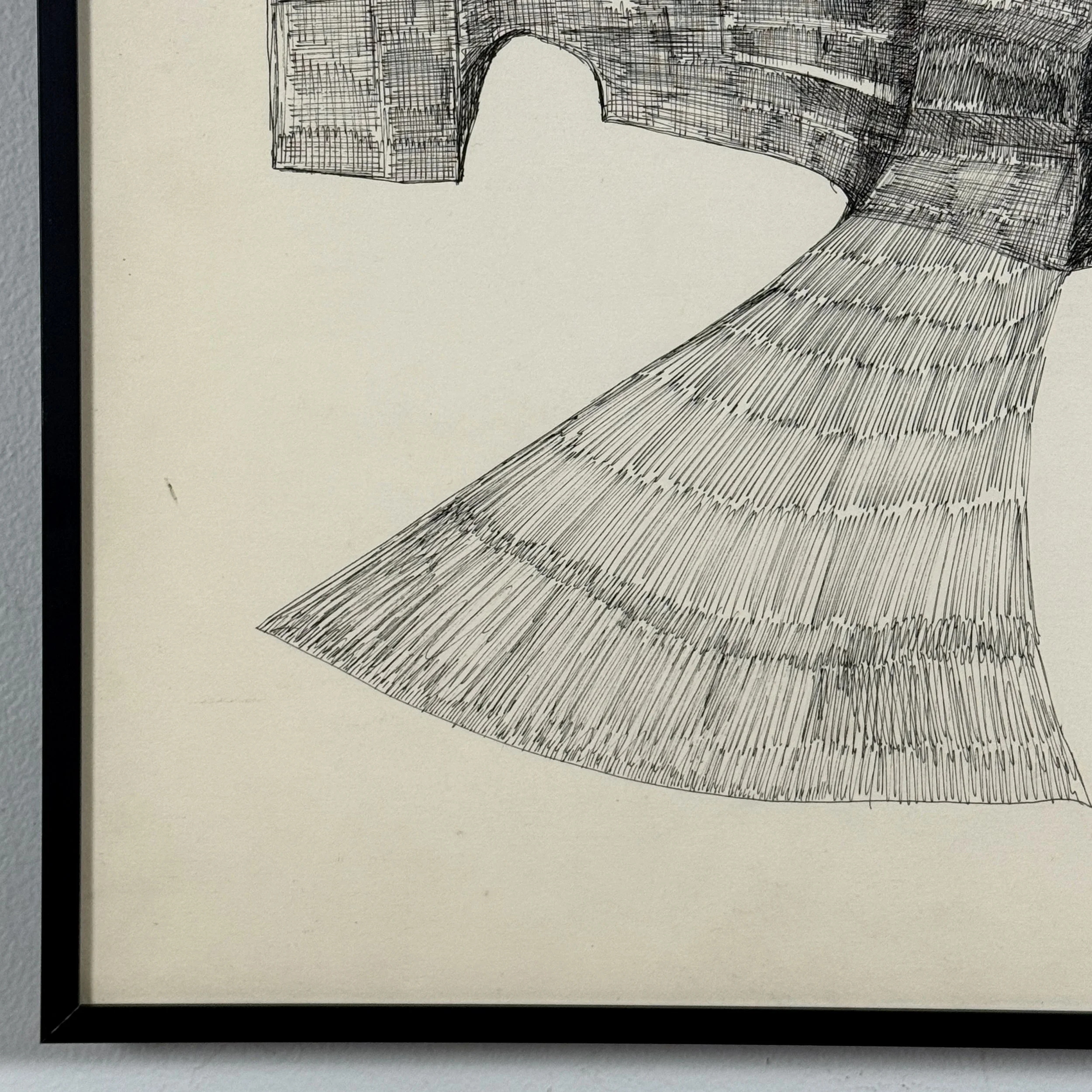 The Louis-René Berge pen drawing displayed in its contemporary black metal gallery frame with UV-protective acrylic.